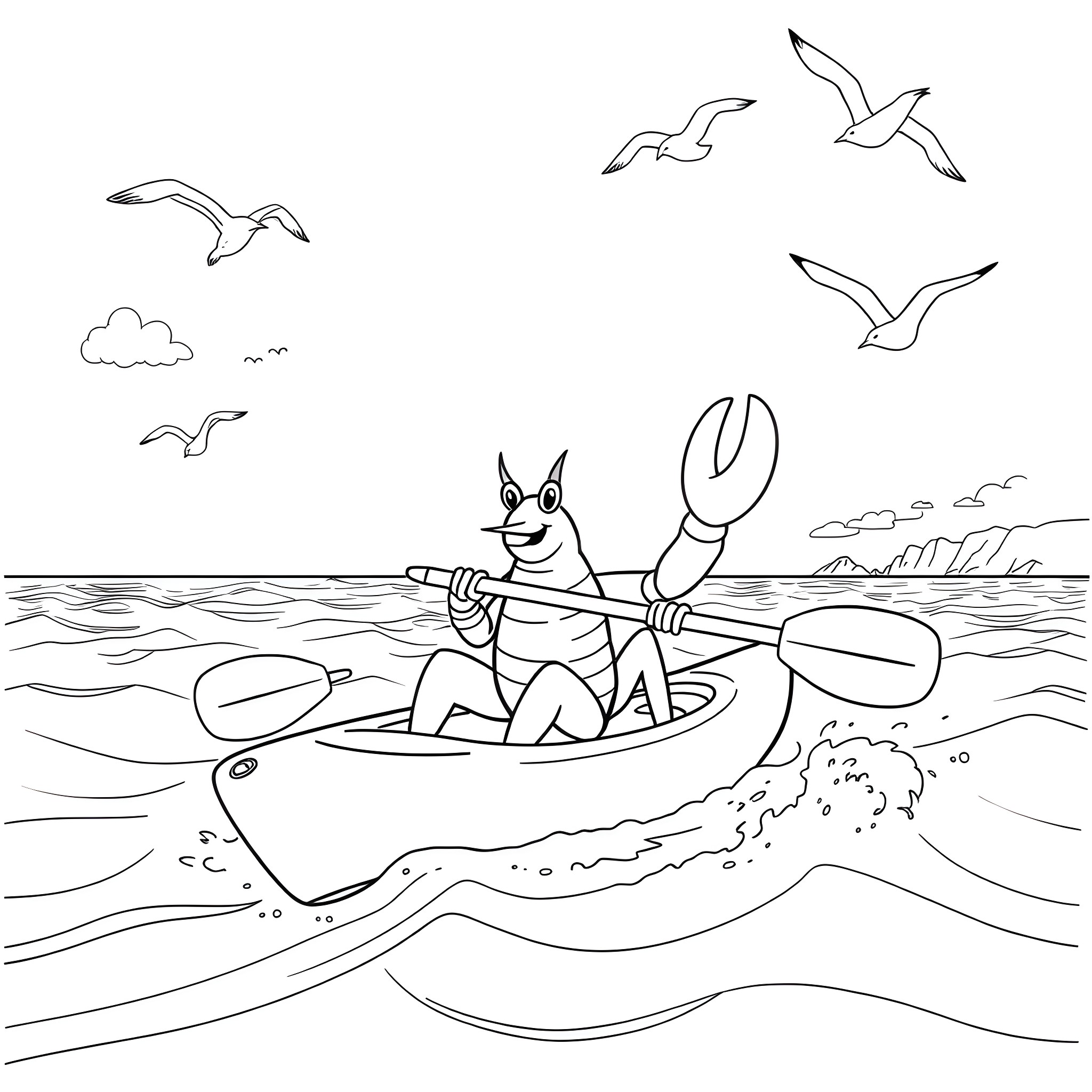 Lobster kayaking on the open sea Coloring Page (free black-and-white line drawing printable PDF for all, from beginners to advanced learners, including children, teens, adults, and seniors)