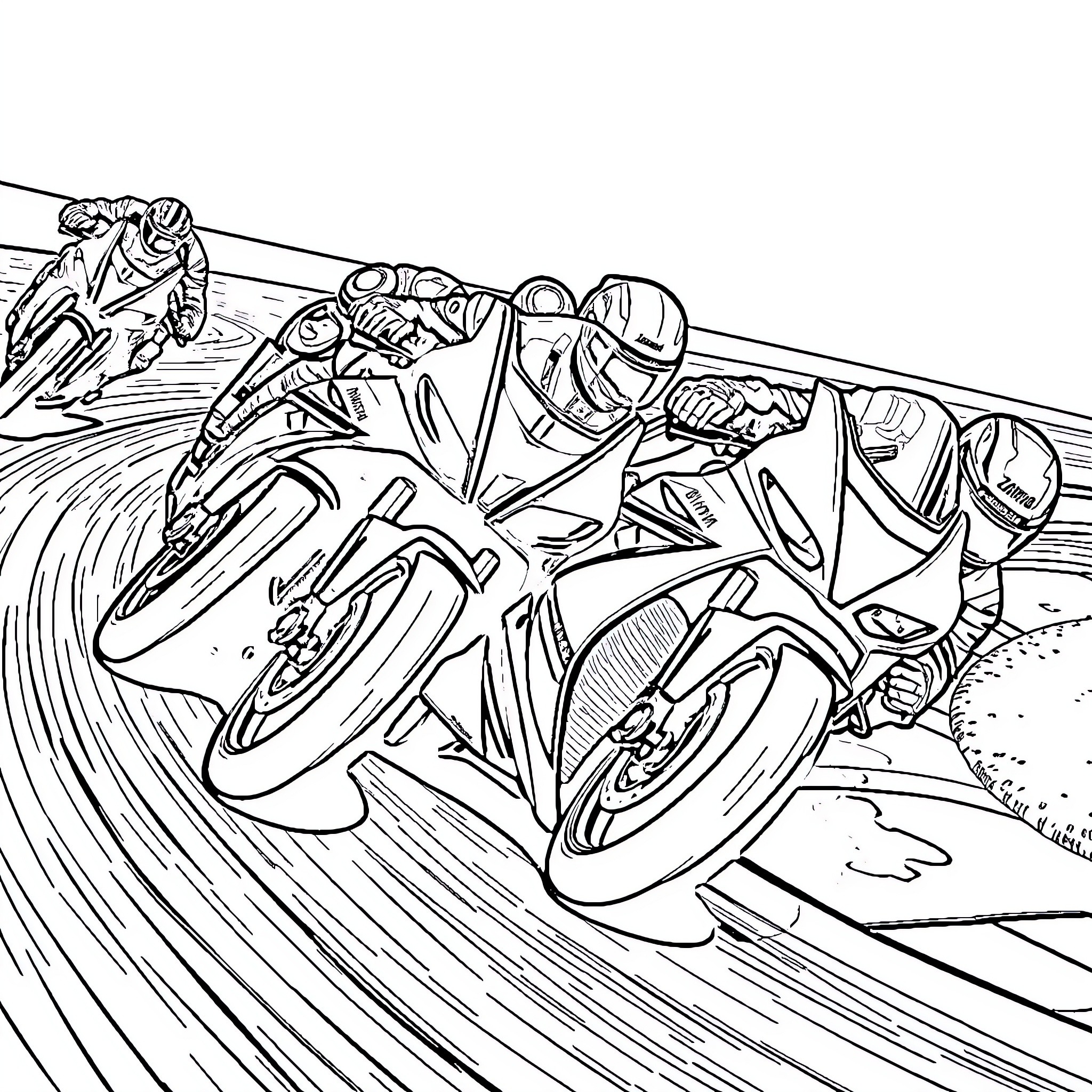 Yamaha motorcycles racing on the track Coloring Page (free black-and-white line drawing printable PDF for all, from beginners to advanced learners, including children, teens, adults, and seniors)