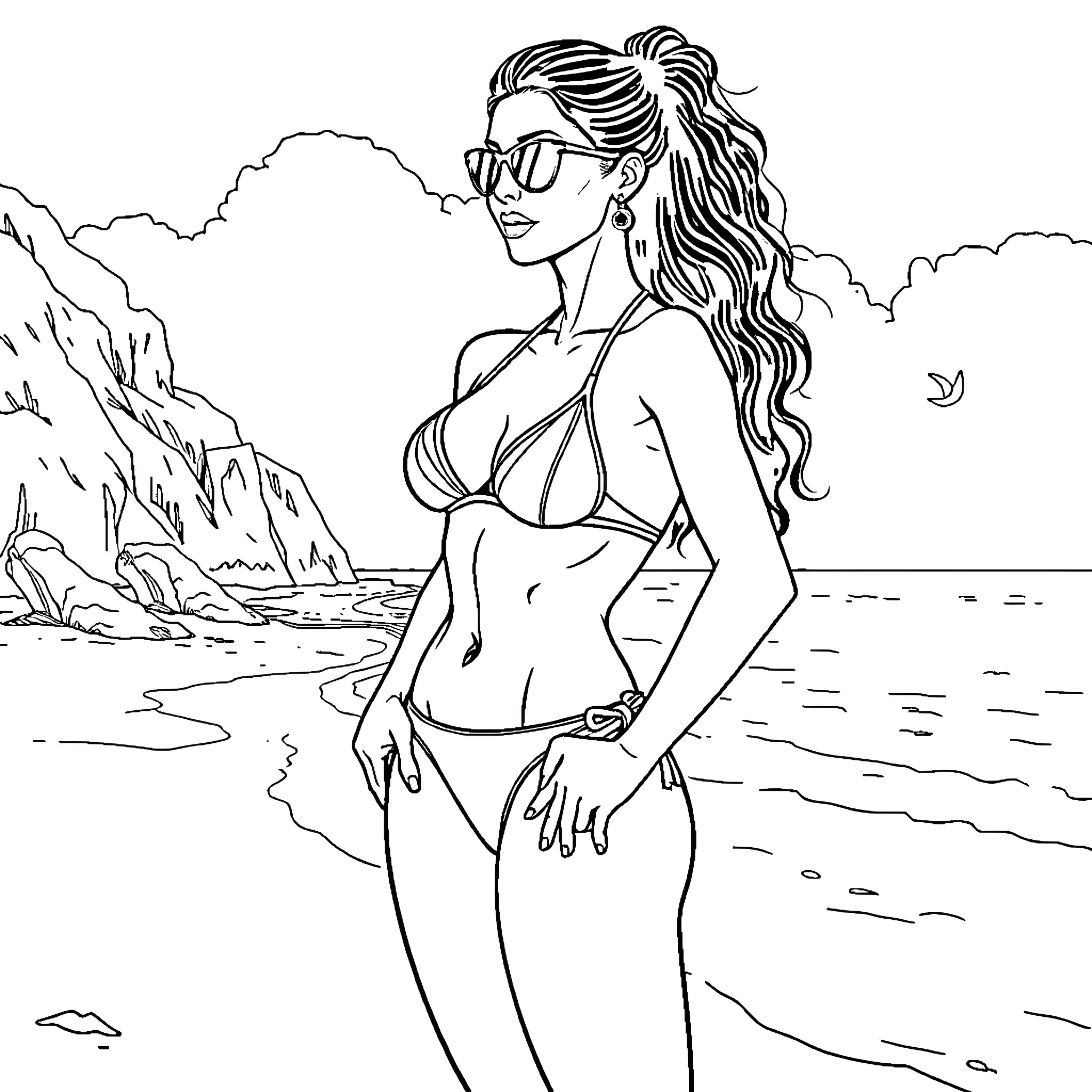 Feminist woman in swimwear at the beach Coloring Page (free black-and-white line drawing printable PDF for all, from beginners to advanced learners, including children, teens, adults, and seniors)