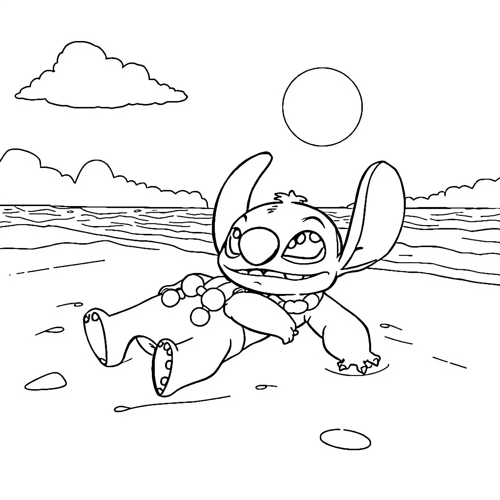 Lilo relaxing on the beach Coloring Page (free black-and-white line drawing printable PDF for all, from beginners to advanced learners, including children, teens, adults, and seniors)