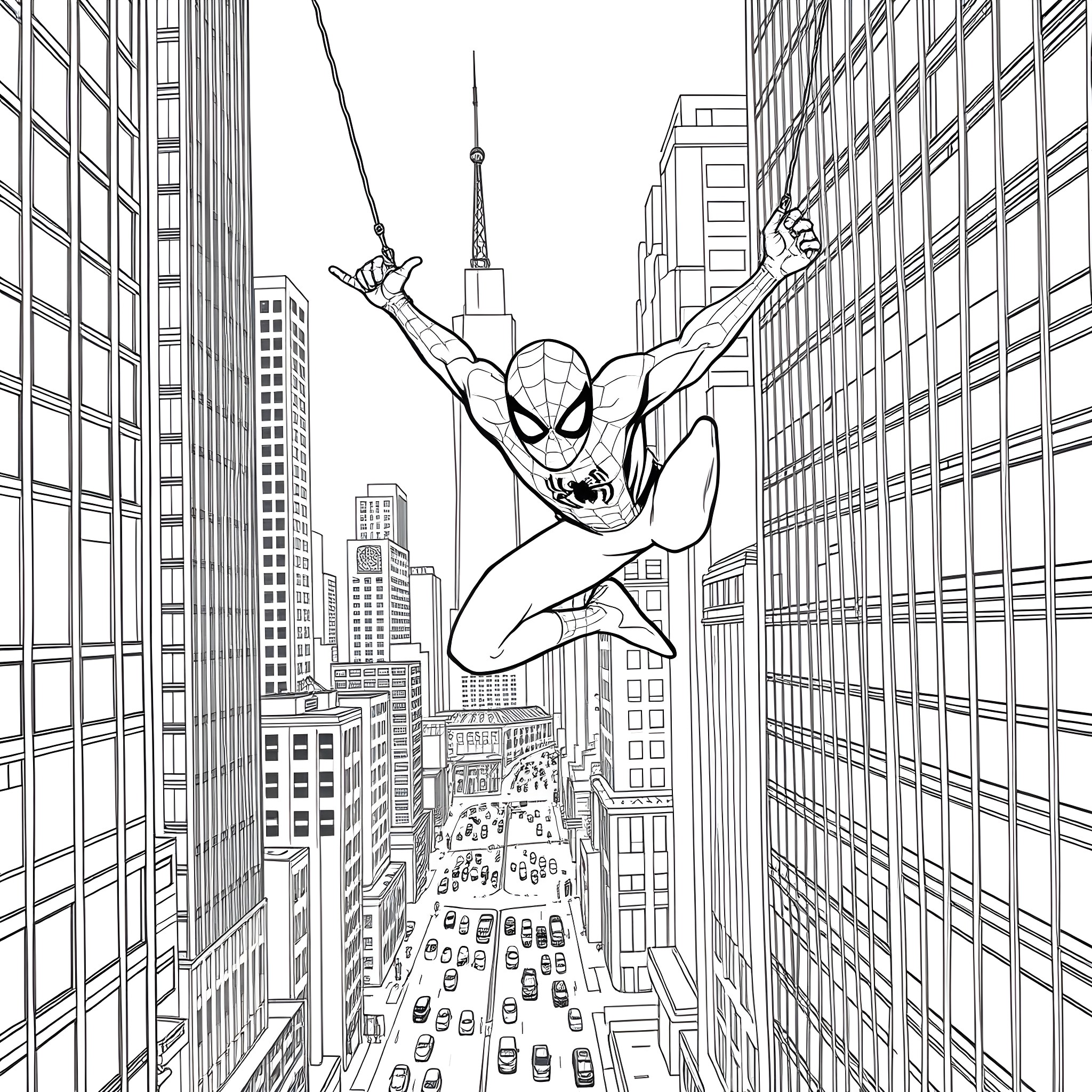 Spider-Man swinging through the city skyline Coloring Page (free black-and-white line drawing printable PDF for all, from beginners to advanced learners, including children, teens, adults, and seniors)