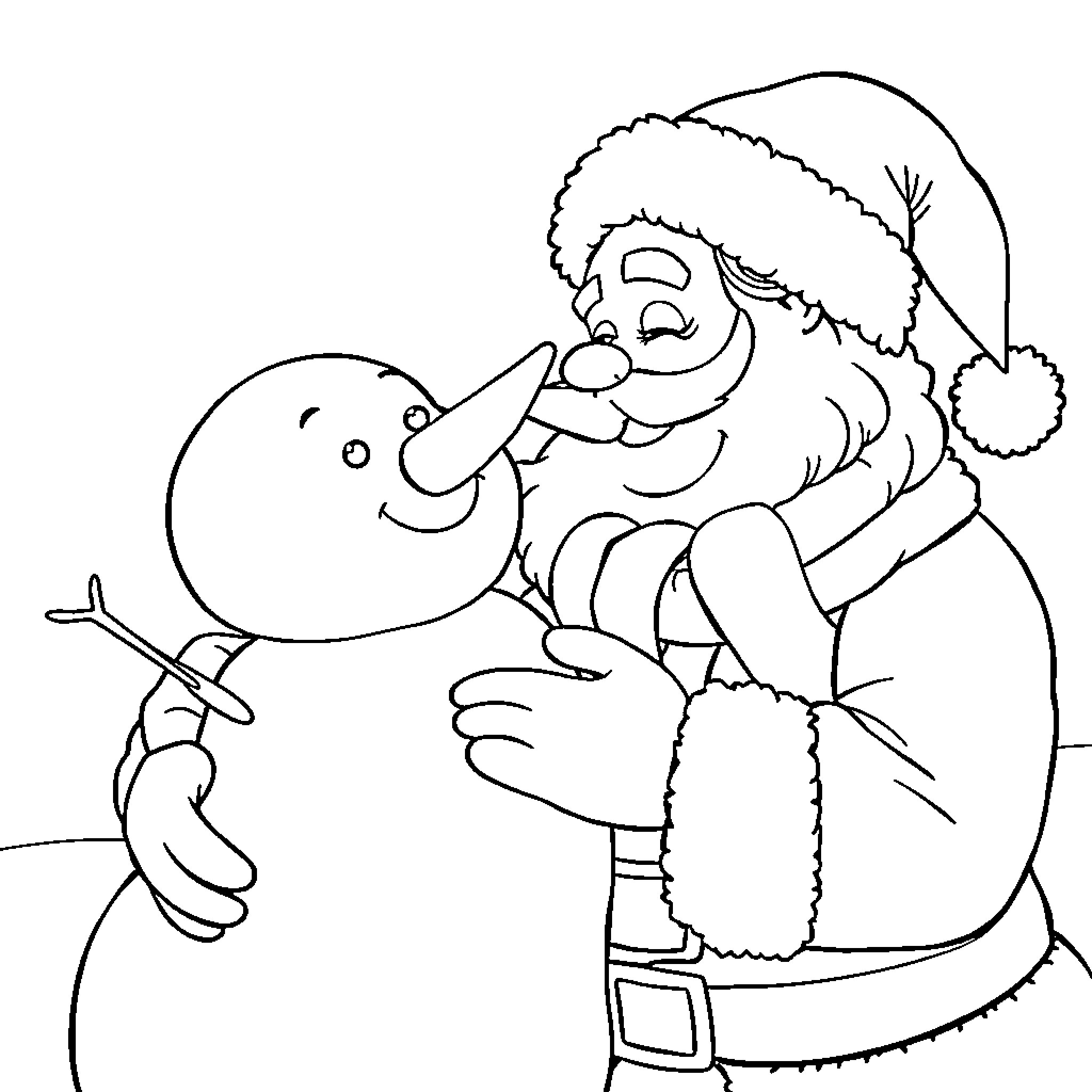 Santa Claus hugging a snowman affectionately Coloring Page (free black-and-white line drawing printable PDF for all, from beginners to advanced learners, including children, teens, adults, and seniors)