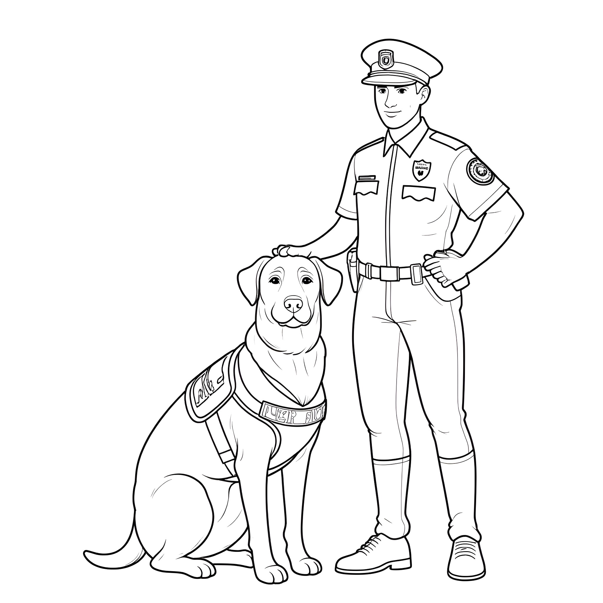 Labrador police dog and officer in uniform Coloring Page (free black-and-white line drawing printable PDF for all, from beginners to advanced learners, including children, teens, adults, and seniors)