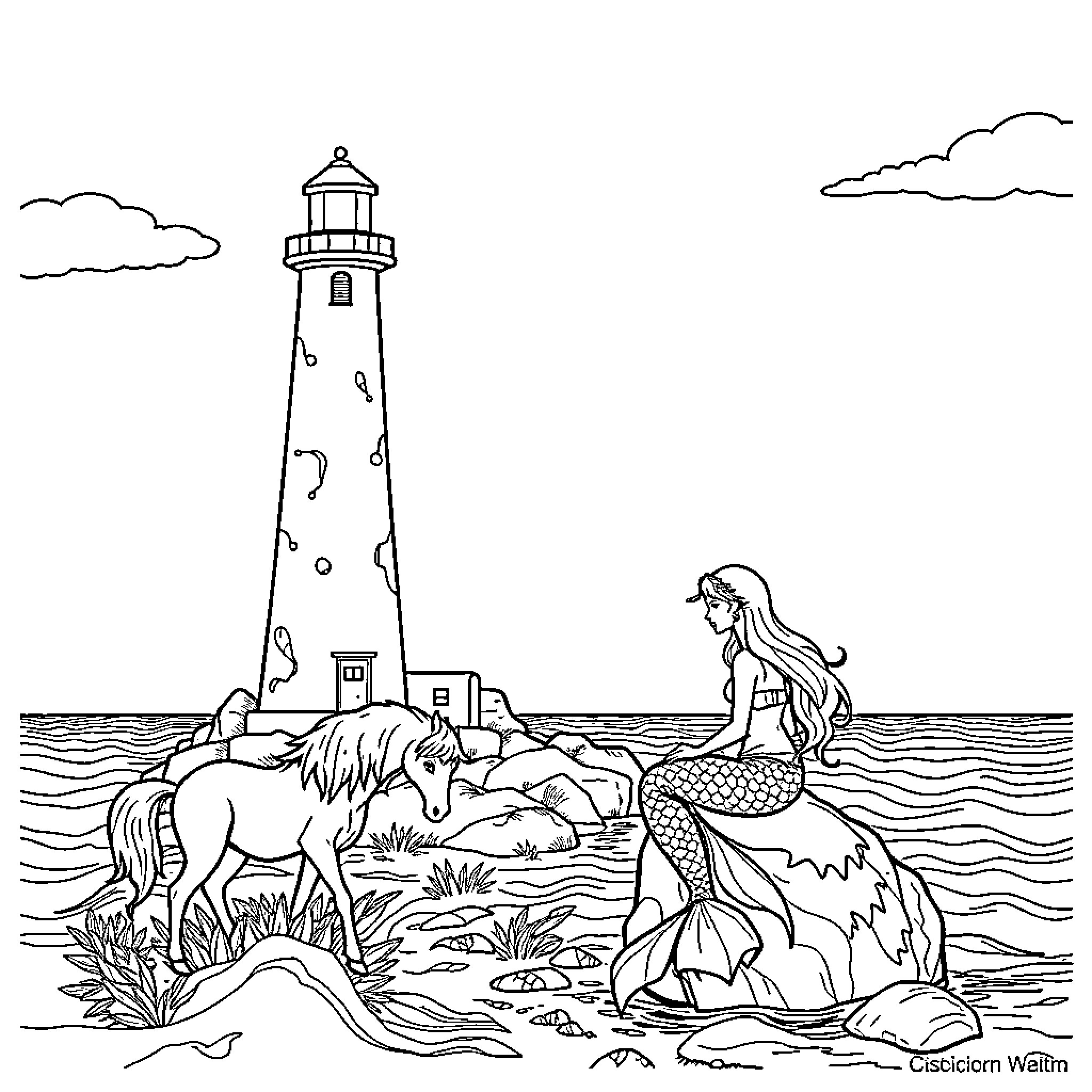 Lighthouse by the Seaside with Mermaid and Unicorn Coloring Page (free black-and-white line drawing printable PDF for all, from beginners to advanced learners, including children, teens, adults, and seniors)