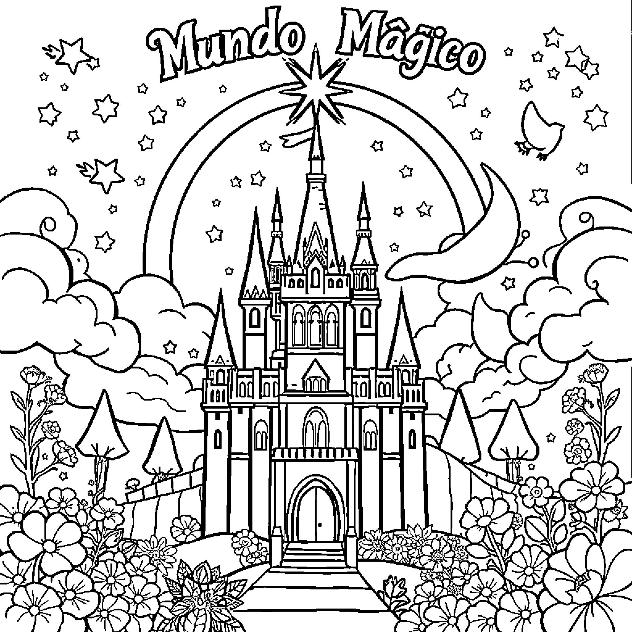 Mundo Mágico: Enchanting Castle in Starry Landscape Coloring Page (free black-and-white line drawing printable PDF for all, from beginners to advanced learners, including children, teens, adults, and seniors)