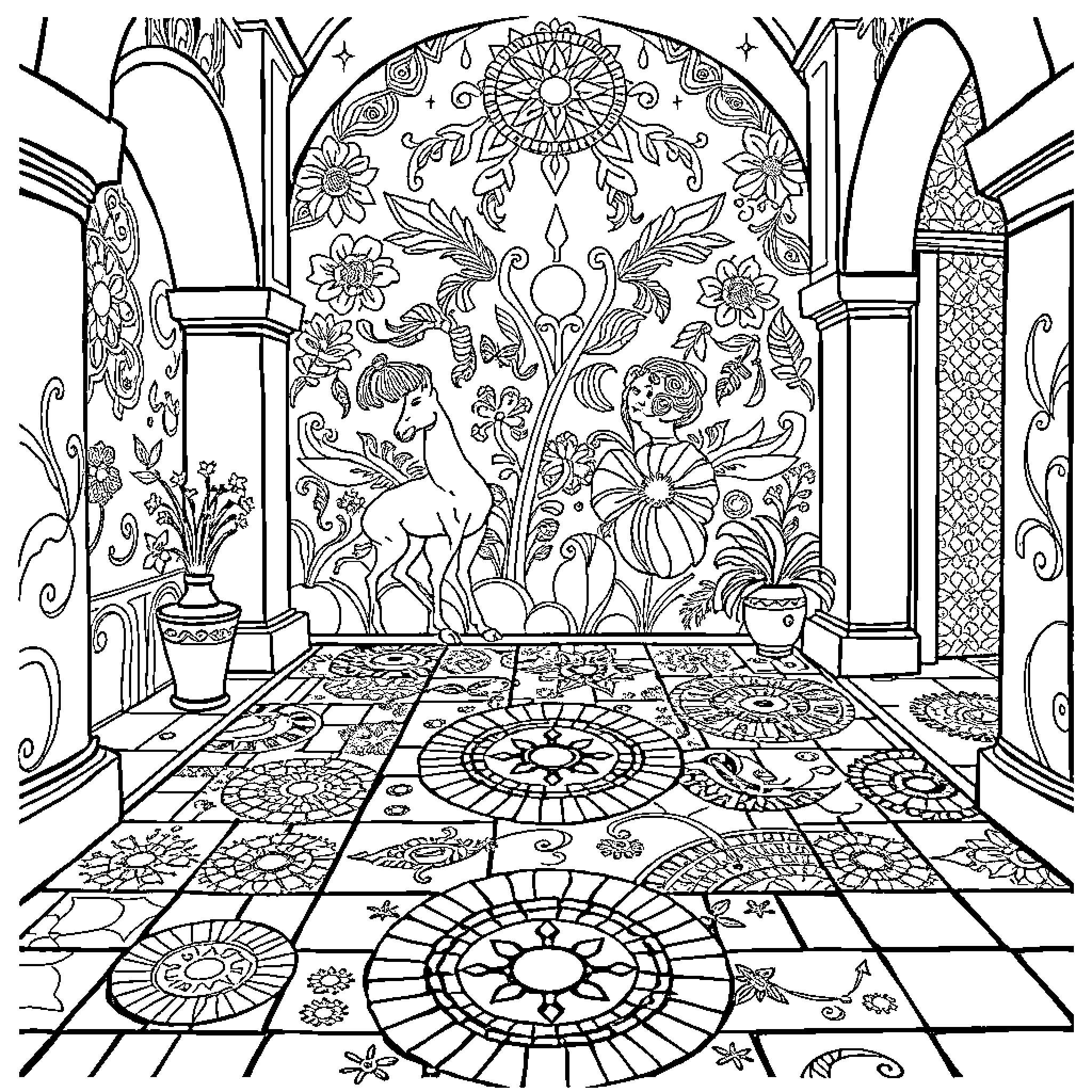 Mosaic of whimsical garden scene with animals and flowers Coloring Page (free black-and-white line drawing printable PDF for all, from beginners to advanced learners, including children, teens, adults, and seniors)