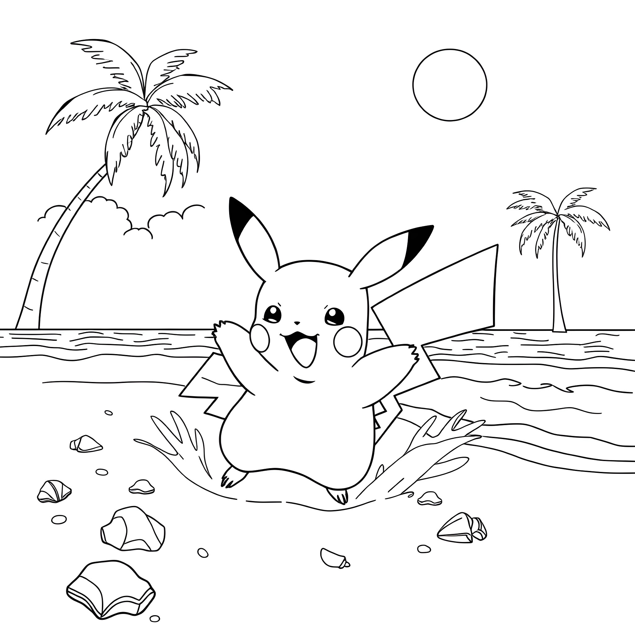 Pikachu relaxing on the beach Coloring Page (free black-and-white line drawing printable PDF for all, from beginners to advanced learners, including children, teens, adults, and seniors)