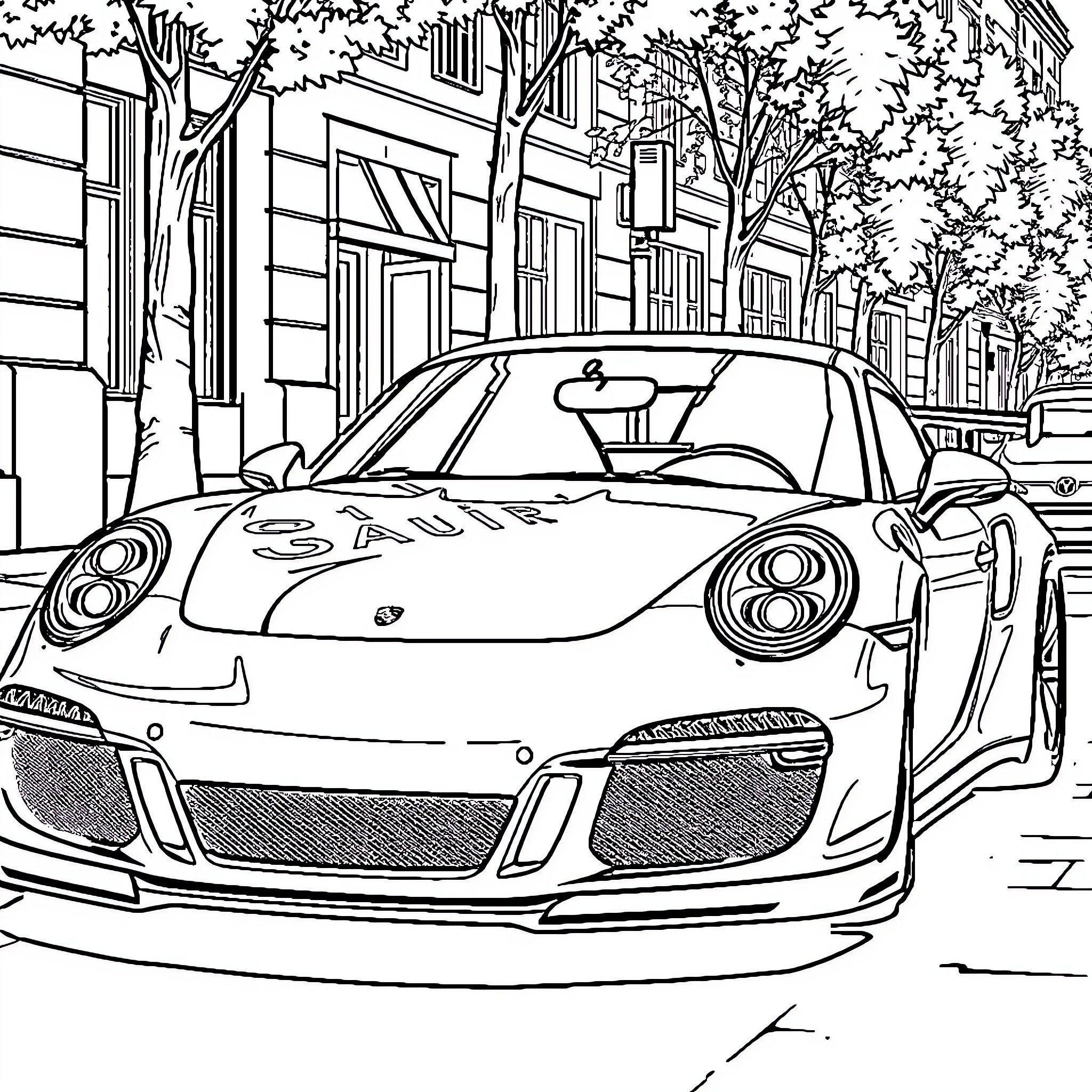 Porsche sports car parked on city street Coloring Page (free black-and-white line drawing printable PDF for all, from beginners to advanced learners, including children, teens, adults, and seniors)