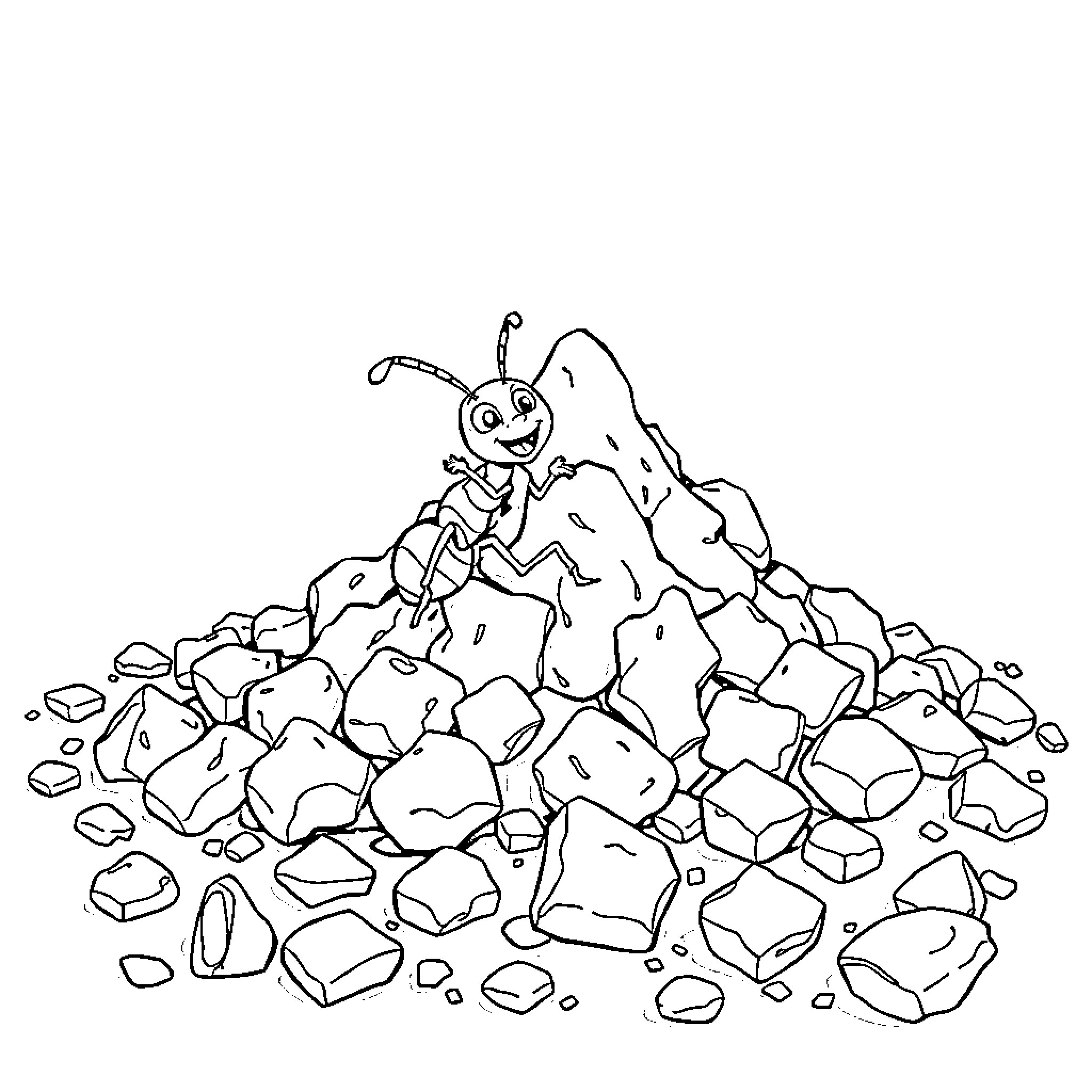 Ant exploring the rocky terrain Coloring Page (free black-and-white line drawing printable PDF for all, from beginners to advanced learners, including children, teens, adults, and seniors)