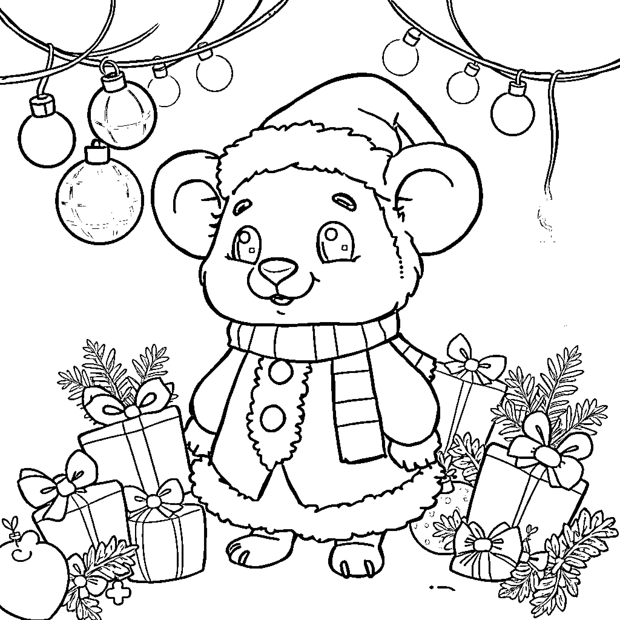 Labubu's Festive Cheer: A Fuzzy Panda Enjoying the Holiday Coloring Page (free black-and-white line drawing printable PDF for all, from beginners to advanced learners, including children, teens, adults, and seniors)