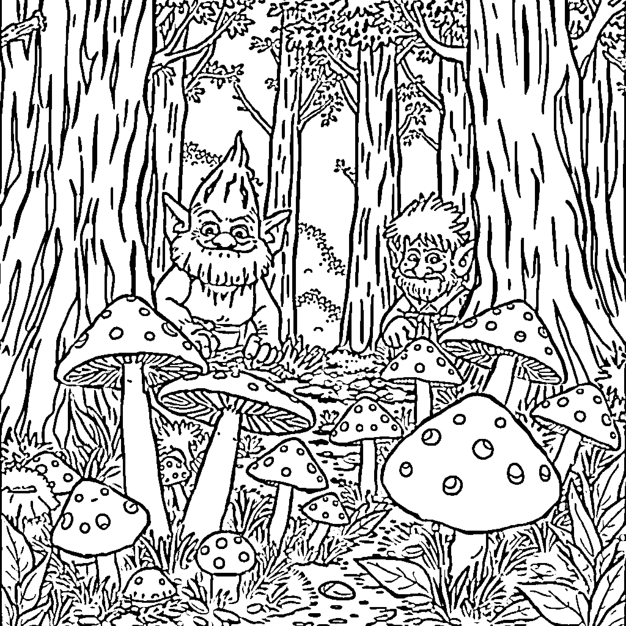 Mushroom forest with whimsical creatures Coloring Page (free black-and-white line drawing printable PDF for all, from beginners to advanced learners, including children, teens, adults, and seniors)