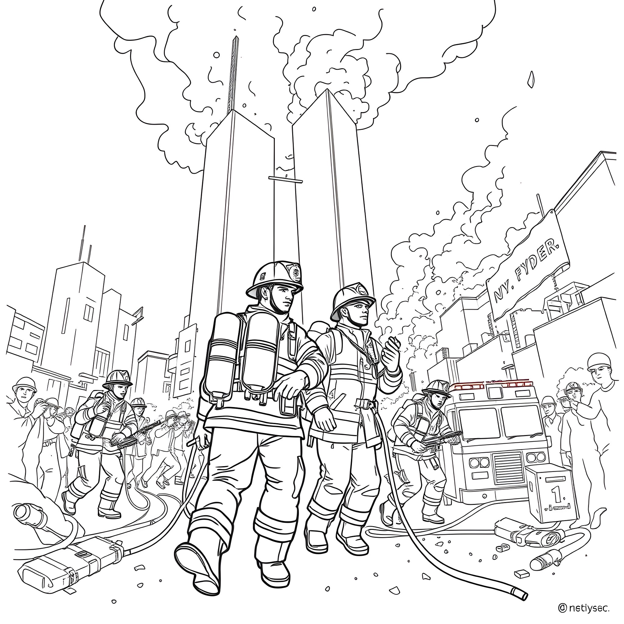 Firefighters Responding to Emergency in the City Coloring Page (free black-and-white line drawing printable PDF for all, from beginners to advanced learners, including children, teens, adults, and seniors)