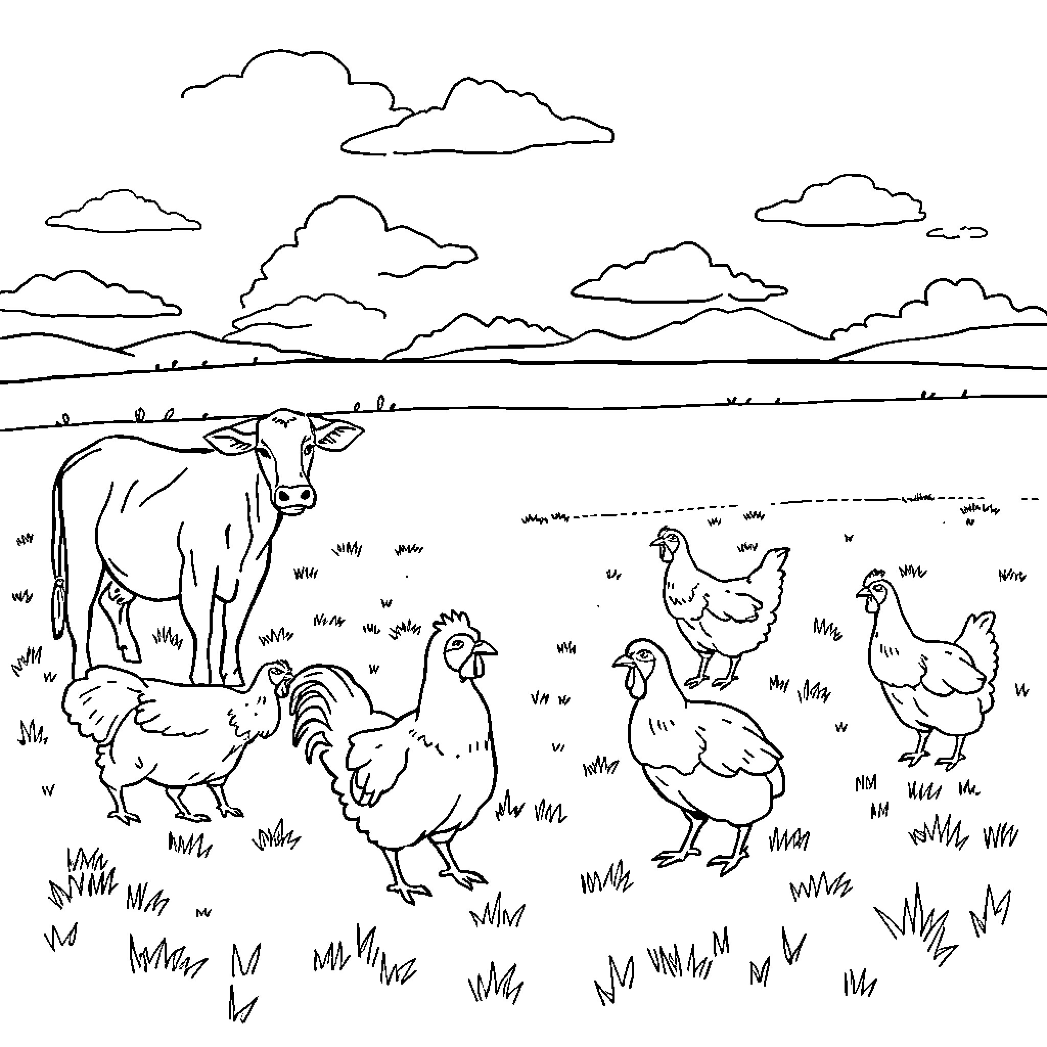 Farm Animals in a Pastoral Scene Coloring Page (free black-and-white line drawing printable PDF for all, from beginners to advanced learners, including children, teens, adults, and seniors)