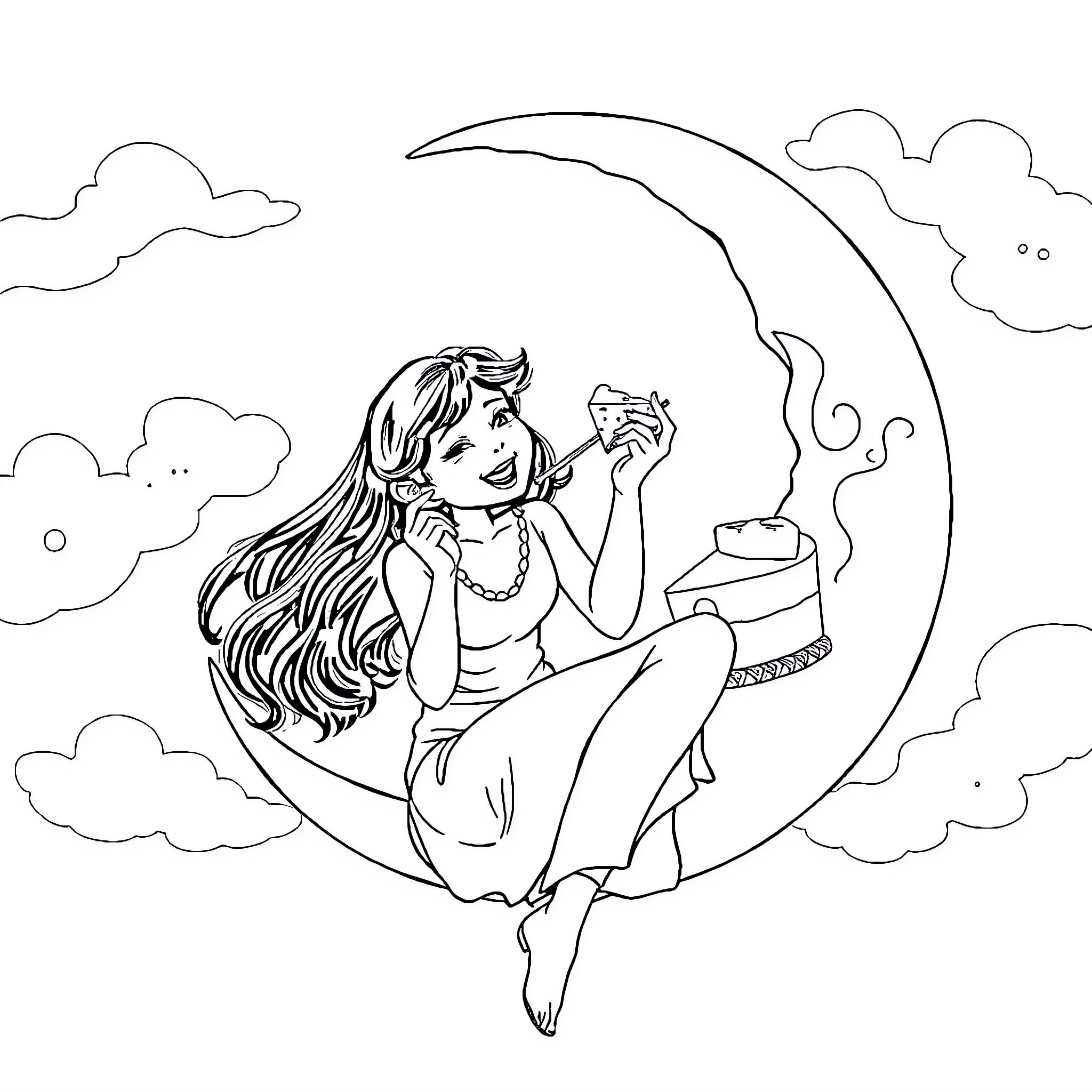 Woman relaxing on crescent moon with cup of tea Coloring Page (free black-and-white line drawing printable PDF for all, from beginners to advanced learners, including children, teens, adults, and seniors)