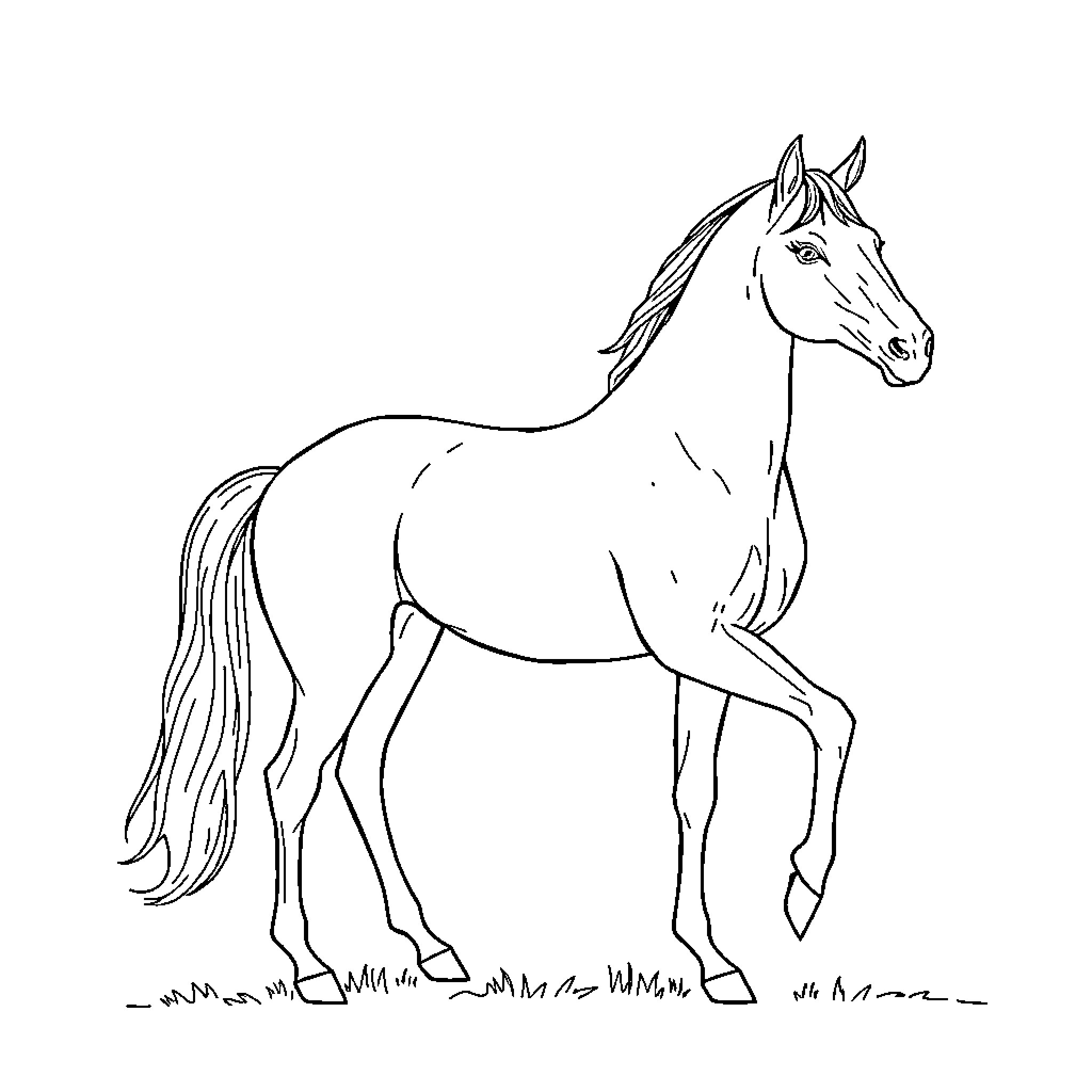 Horse standing gracefully in simple outline Coloring Page (free black-and-white line drawing printable PDF for all, from beginners to advanced learners, including children, teens, adults, and seniors)