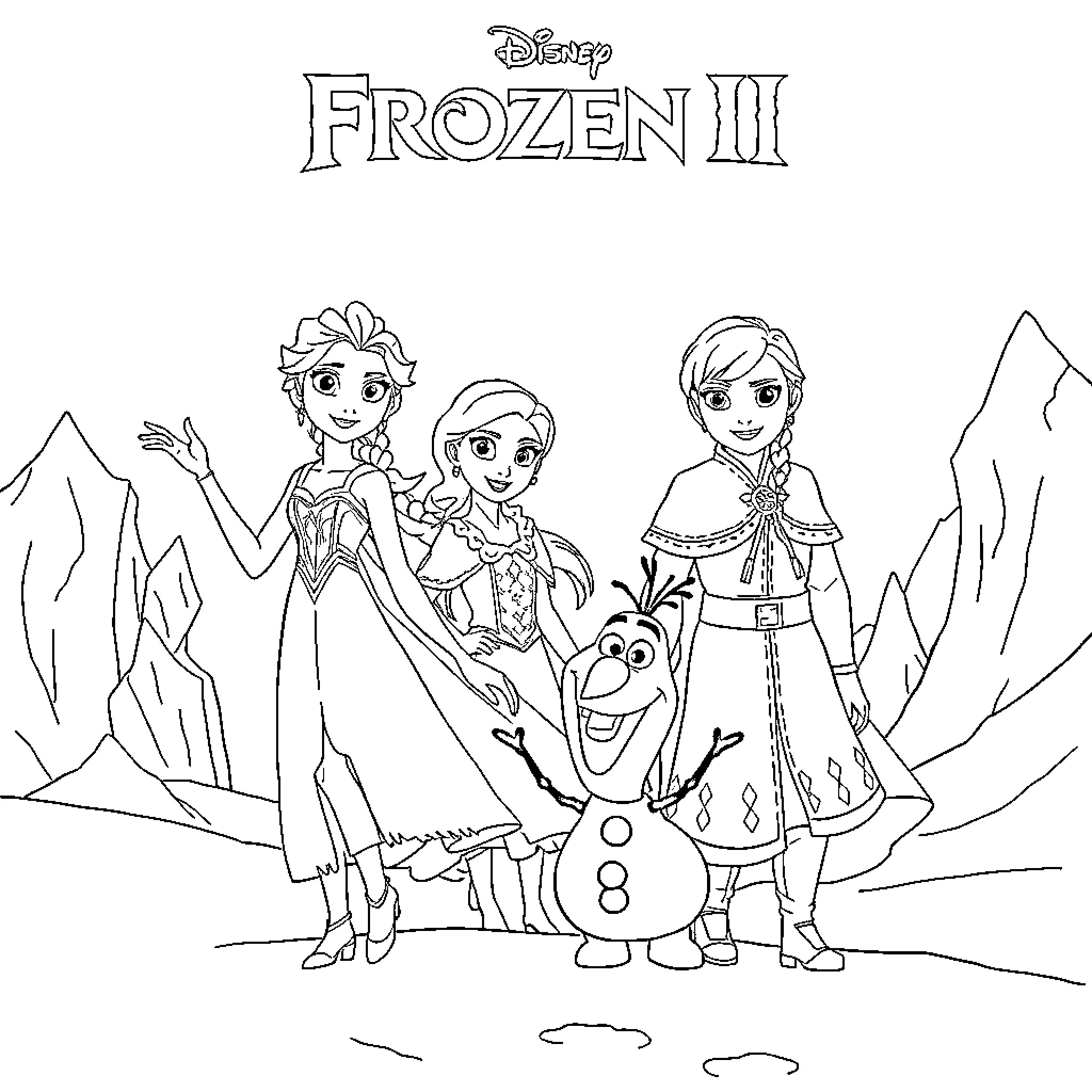 Frozen characters in snow-capped landscape Coloring Page (free black-and-white line drawing printable PDF for all, from beginners to advanced learners, including children, teens, adults, and seniors)