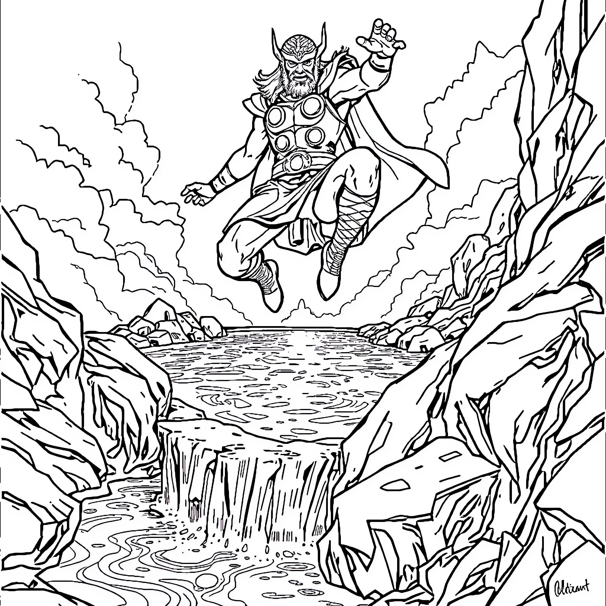 Thor's Mighty Leap Over the Raging Waterfall Coloring Page (free black-and-white line drawing printable PDF for all, from beginners to advanced learners, including children, teens, adults, and seniors)