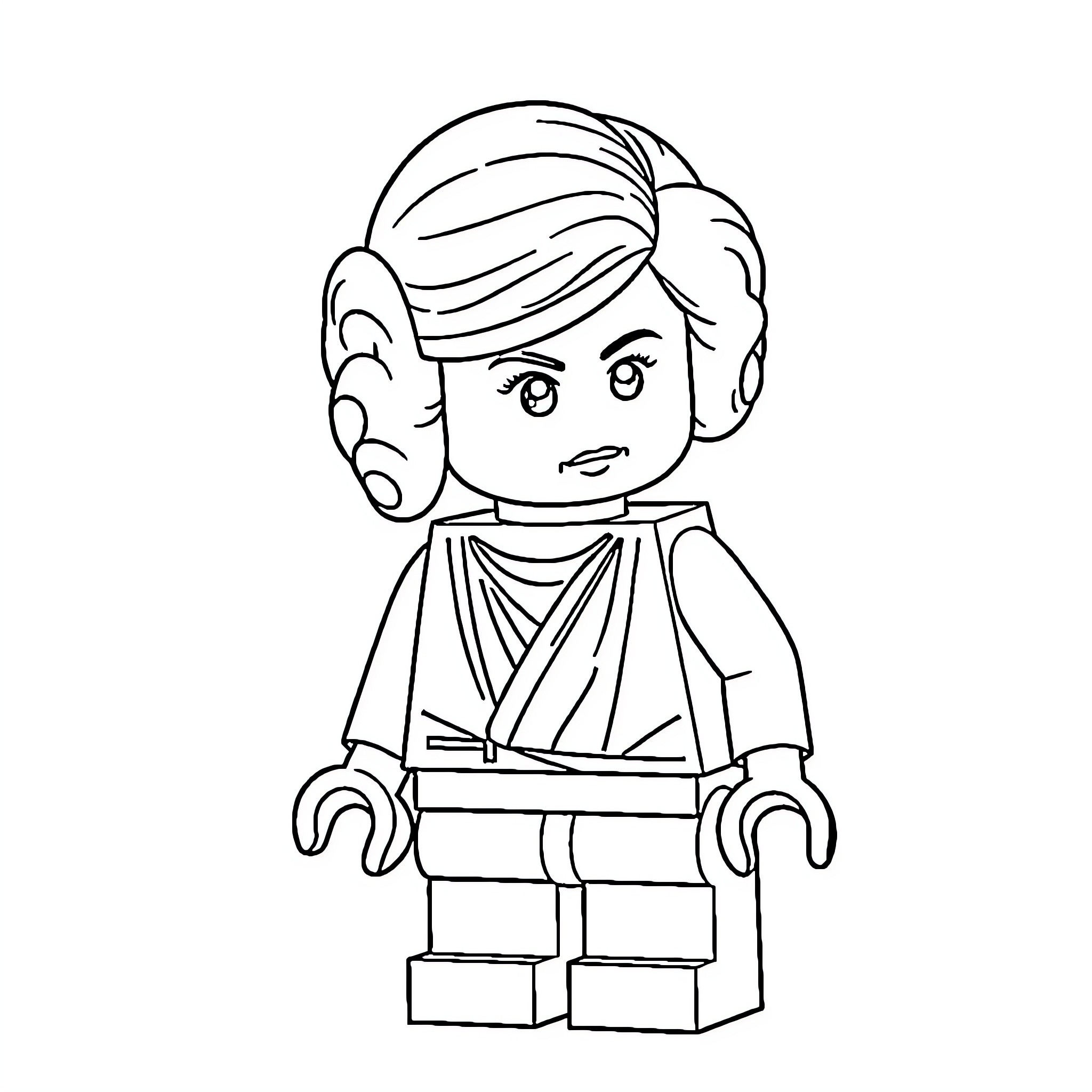 Princess Leia in Jedi Robes and Hairstyle Coloring Page (free black-and-white line drawing printable PDF for all, from beginners to advanced learners, including children, teens, adults, and seniors)
