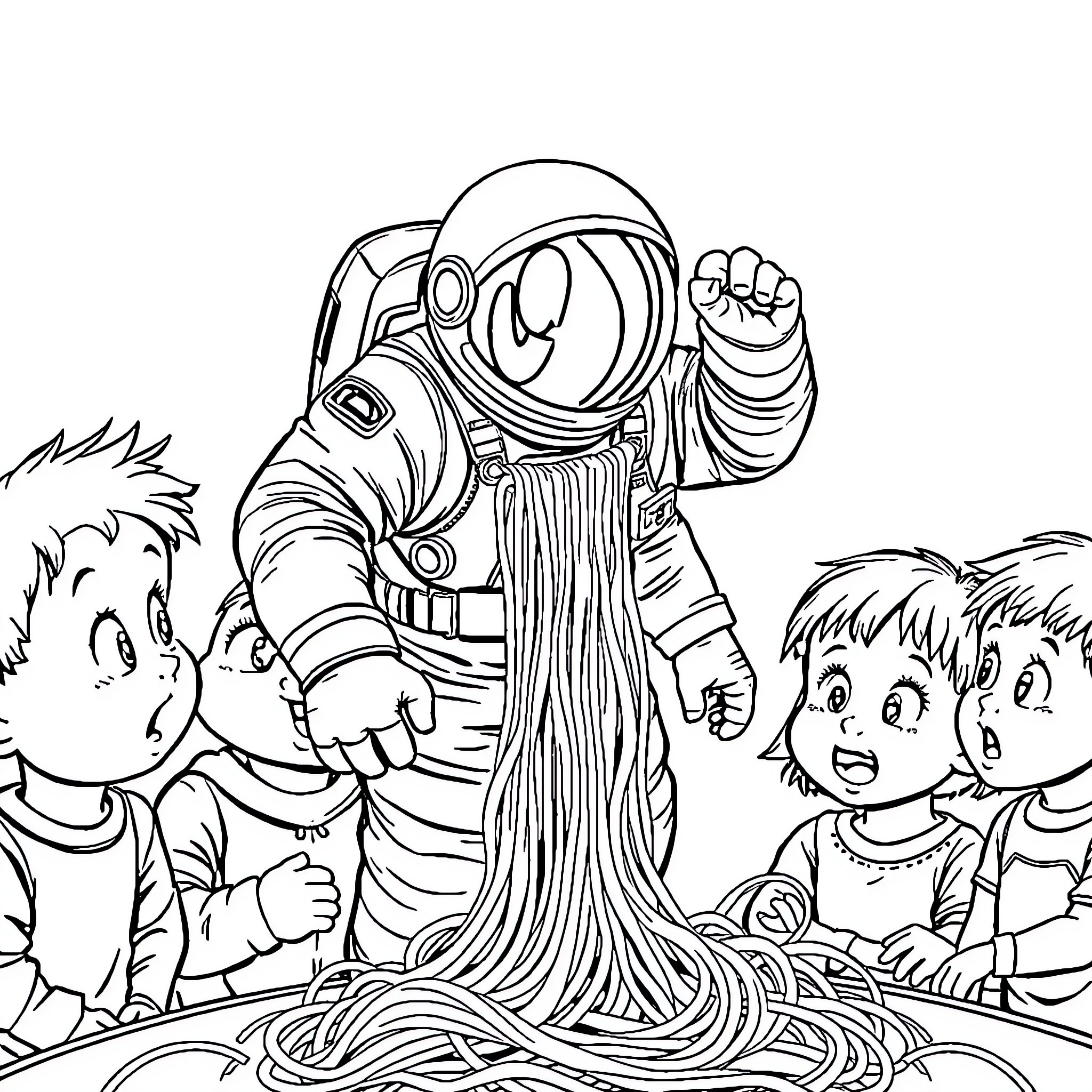 Astronaut Entangled in Playful Situation with Children Coloring Page (free black-and-white line drawing printable PDF for all, from beginners to advanced learners, including children, teens, adults, and seniors)