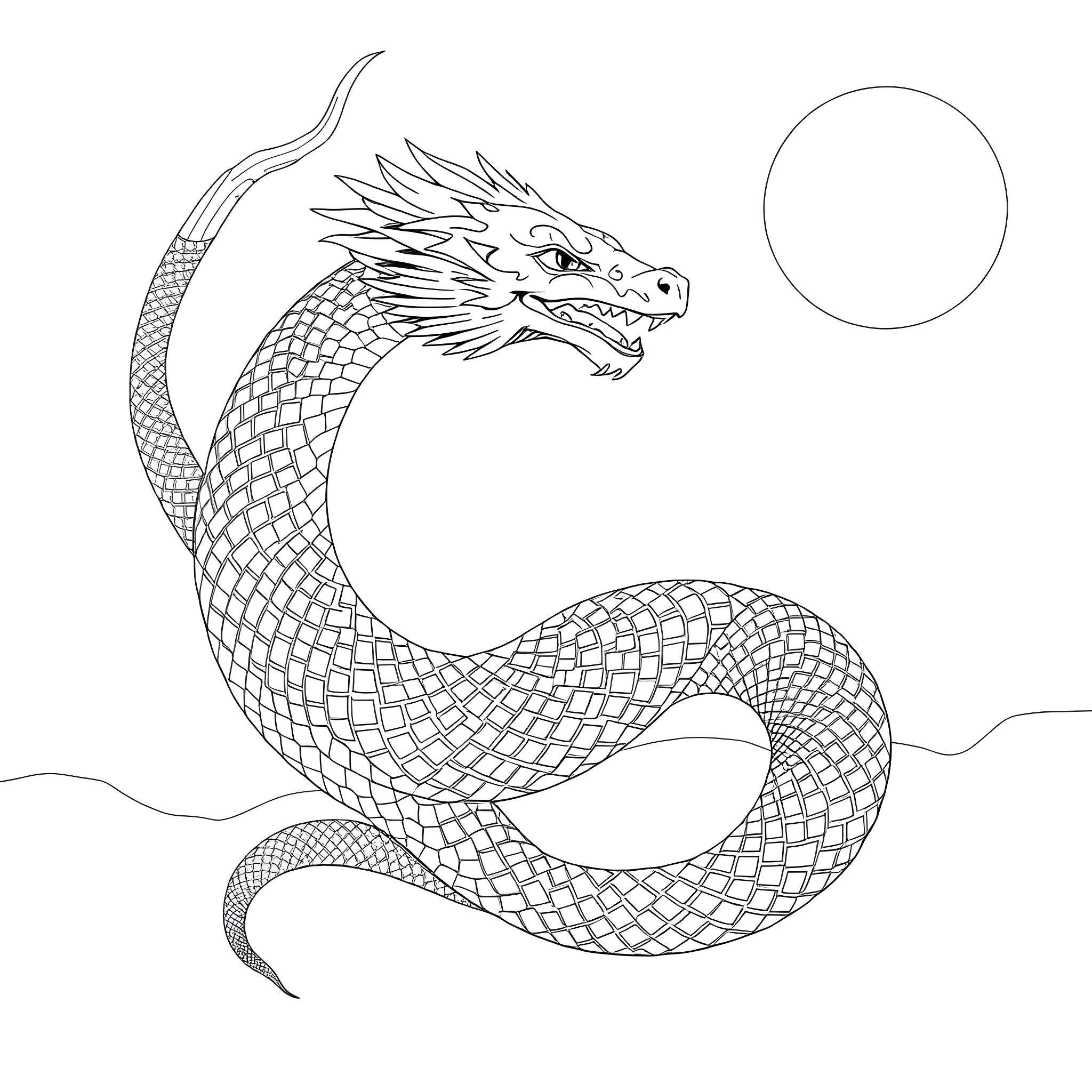 Uktena dragon soaring gracefully in the night sky Coloring Page (free black-and-white line drawing printable PDF for all, from beginners to advanced learners, including children, teens, adults, and seniors)
