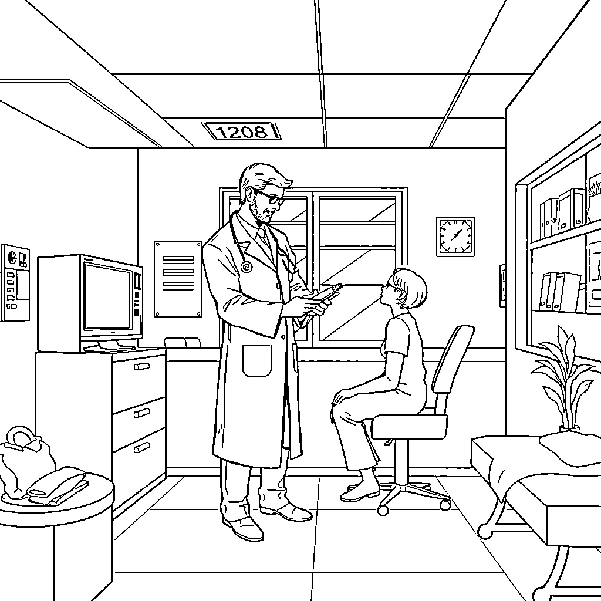 Doctor examining young patient in medical office Coloring Page (free black-and-white line drawing printable PDF for all, from beginners to advanced learners, including children, teens, adults, and seniors)
