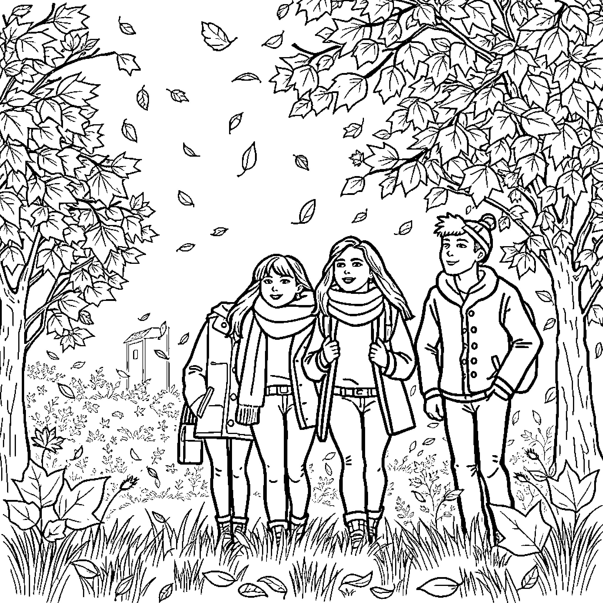 Character group enjoying autumn nature scene Coloring Page (free black-and-white line drawing printable PDF for all, from beginners to advanced learners, including children, teens, adults, and seniors)