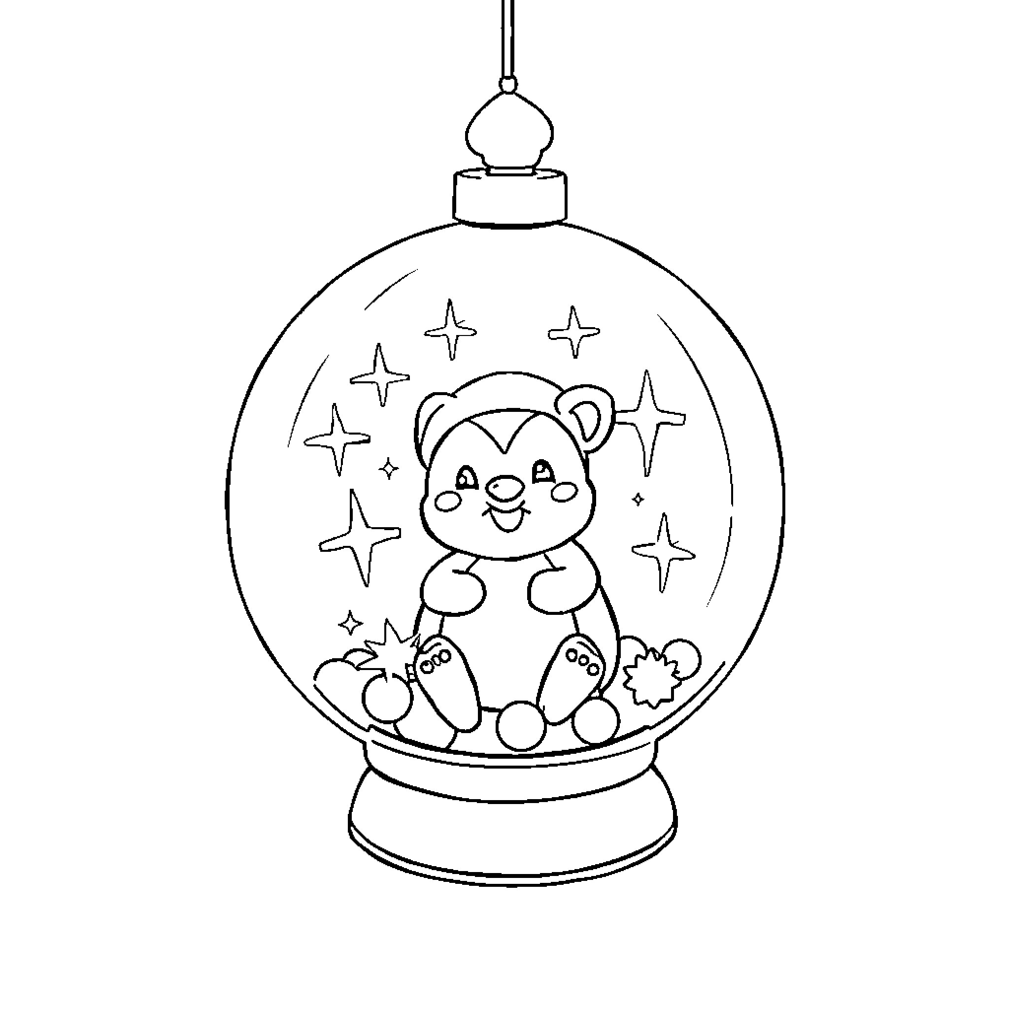 Boule de Noël with cute animal and stars Coloring Page (free black-and-white line drawing printable PDF for all, from beginners to advanced learners, including children, teens, adults, and seniors)