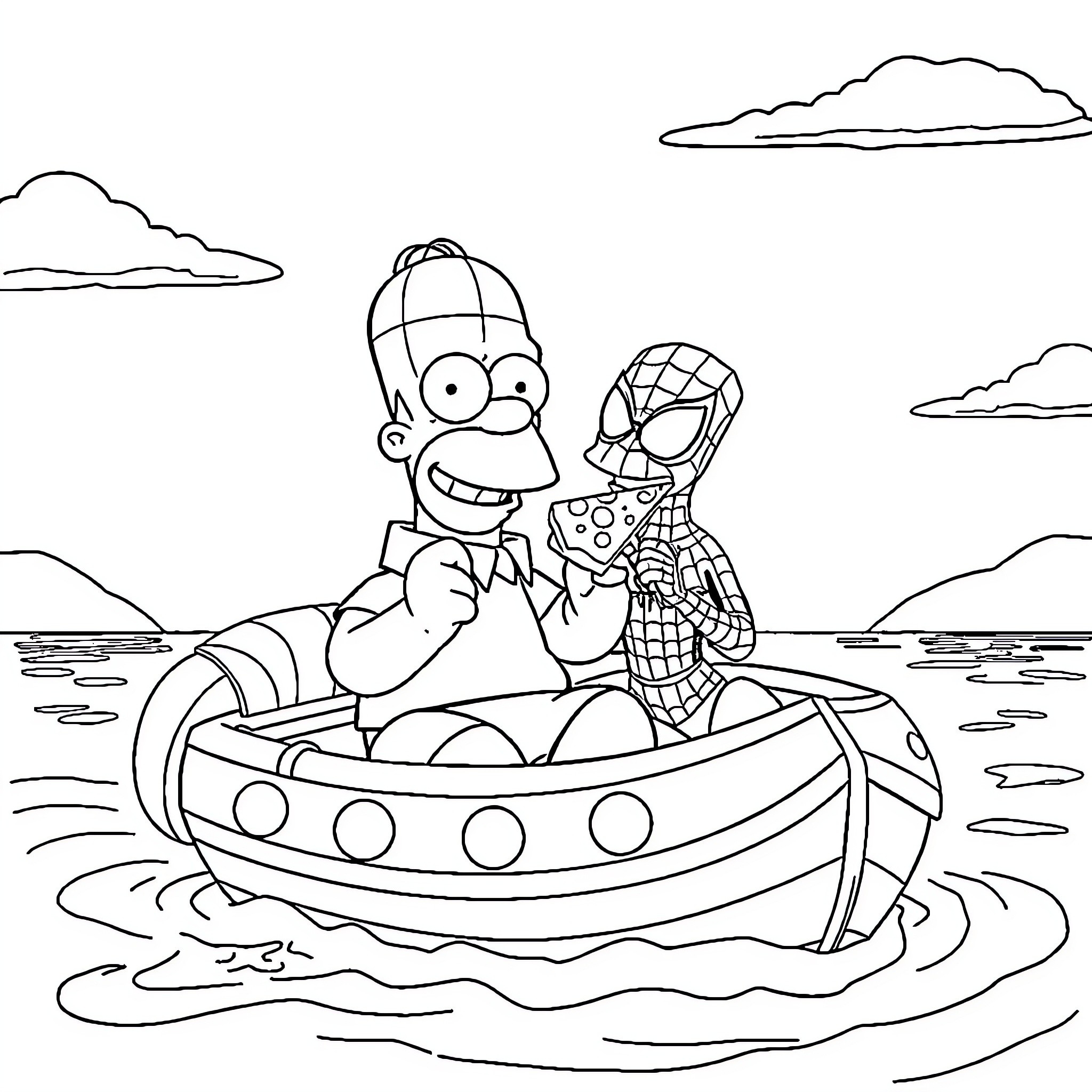 Homer and Spider-Man Sailing on a Boat Coloring Page (free black-and-white line drawing printable PDF for all, from beginners to advanced learners, including children, teens, adults, and seniors)