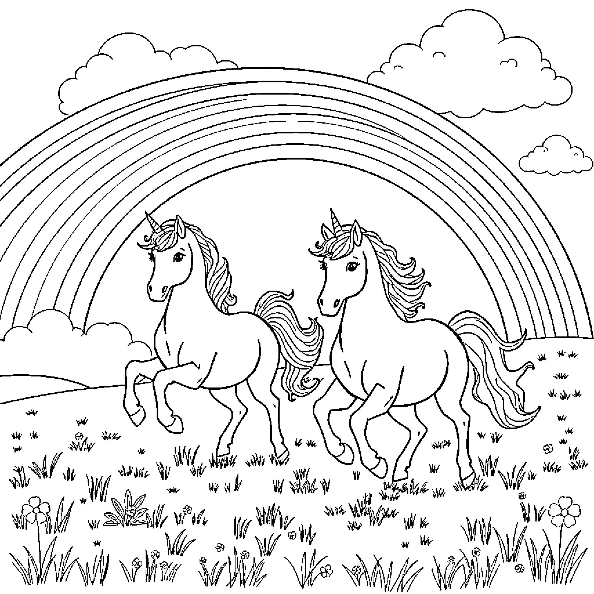 Unicorn Duo Galloping Through Lush Meadow Under Rainbow Coloring Page (free black-and-white line drawing printable PDF for all, from beginners to advanced learners, including children, teens, adults, and seniors)