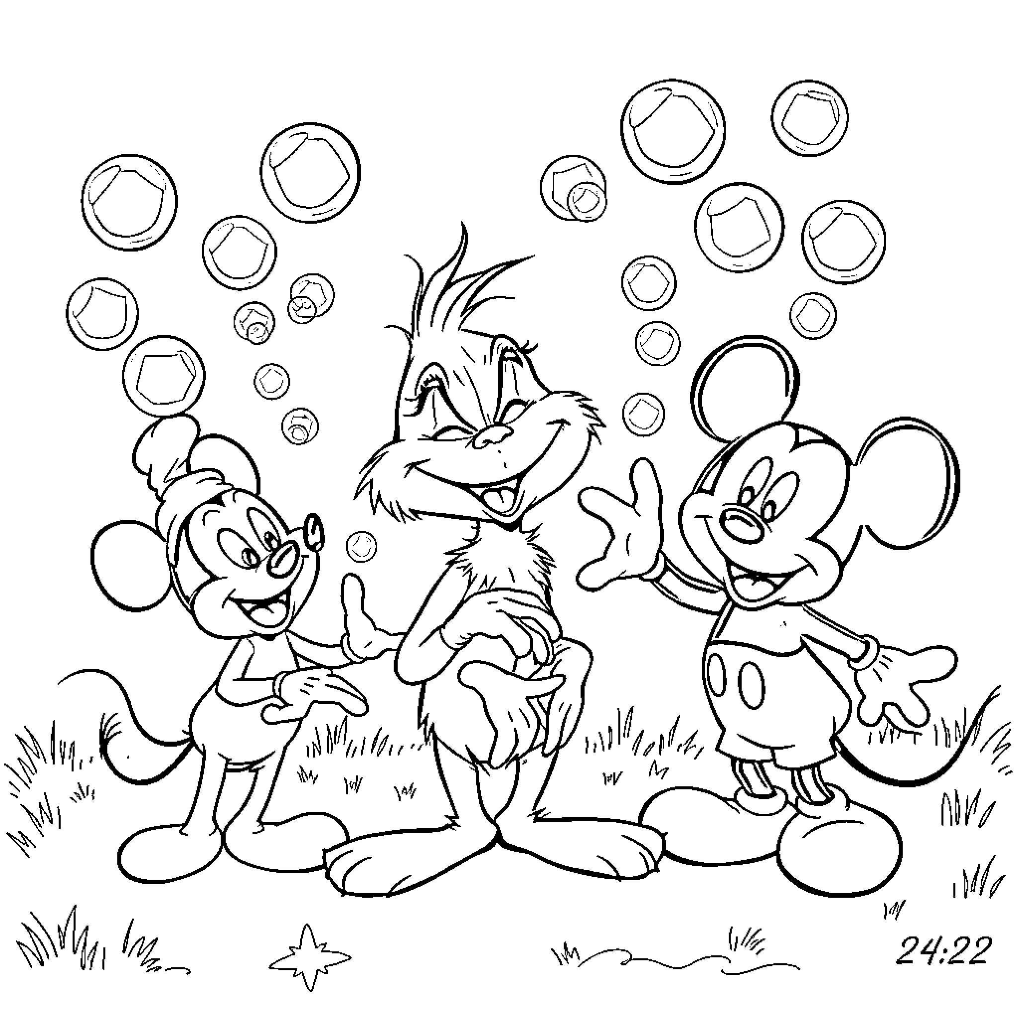 Grinch, Mickey, and Bugs Bunny playing in a field Coloring Page (free black-and-white line drawing printable PDF for all, from beginners to advanced learners, including children, teens, adults, and seniors)