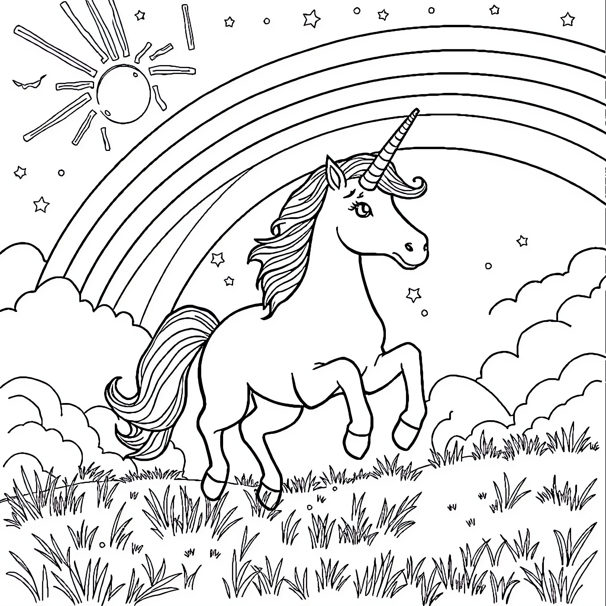 Unicorn galloping through a magical landscape Coloring Page (free black-and-white line drawing printable PDF for all, from beginners to advanced learners, including children, teens, adults, and seniors)