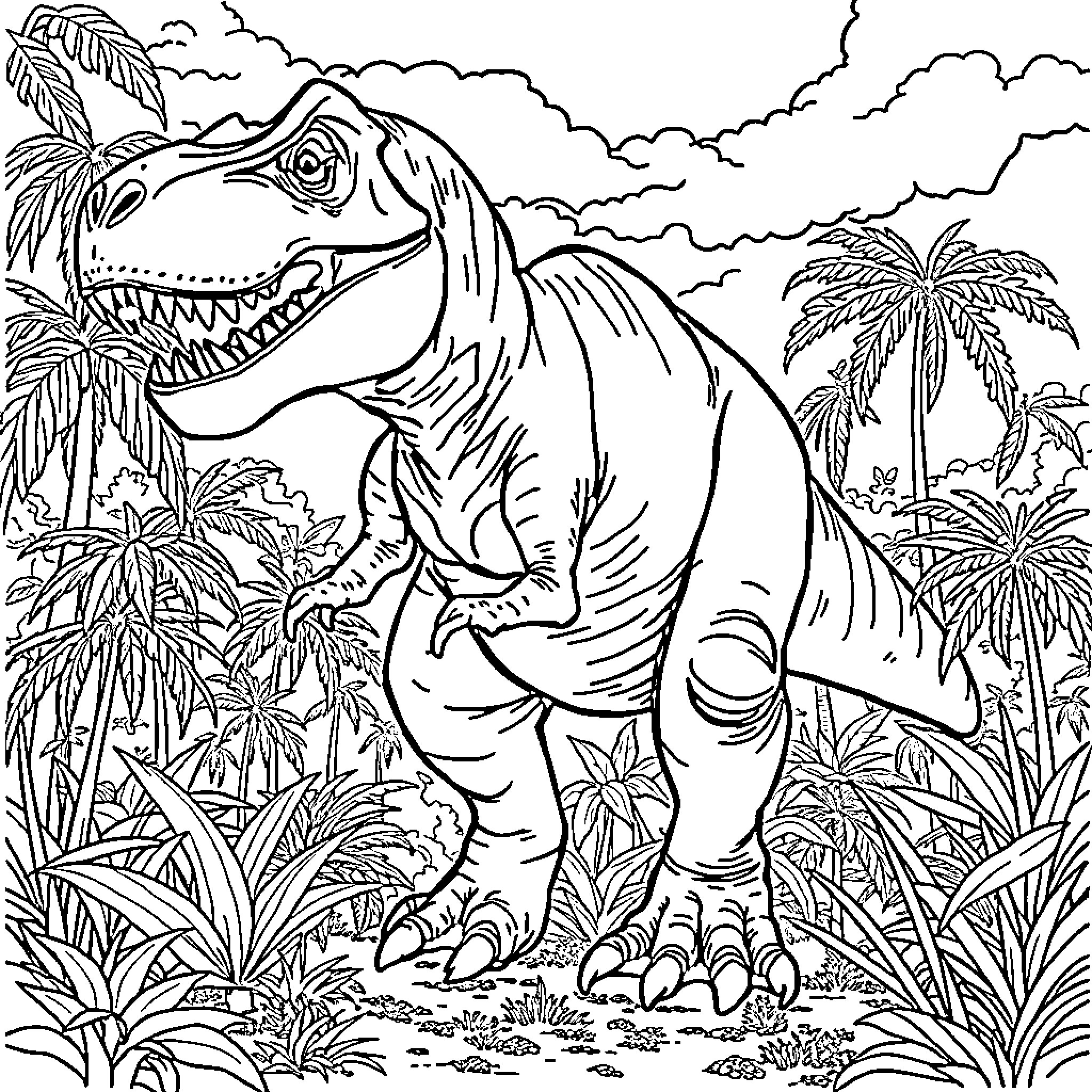 Tyrannosaurus Rex roaming in the tropical jungle Coloring Page (free black-and-white line drawing printable PDF for all, from beginners to advanced learners, including children, teens, adults, and seniors)