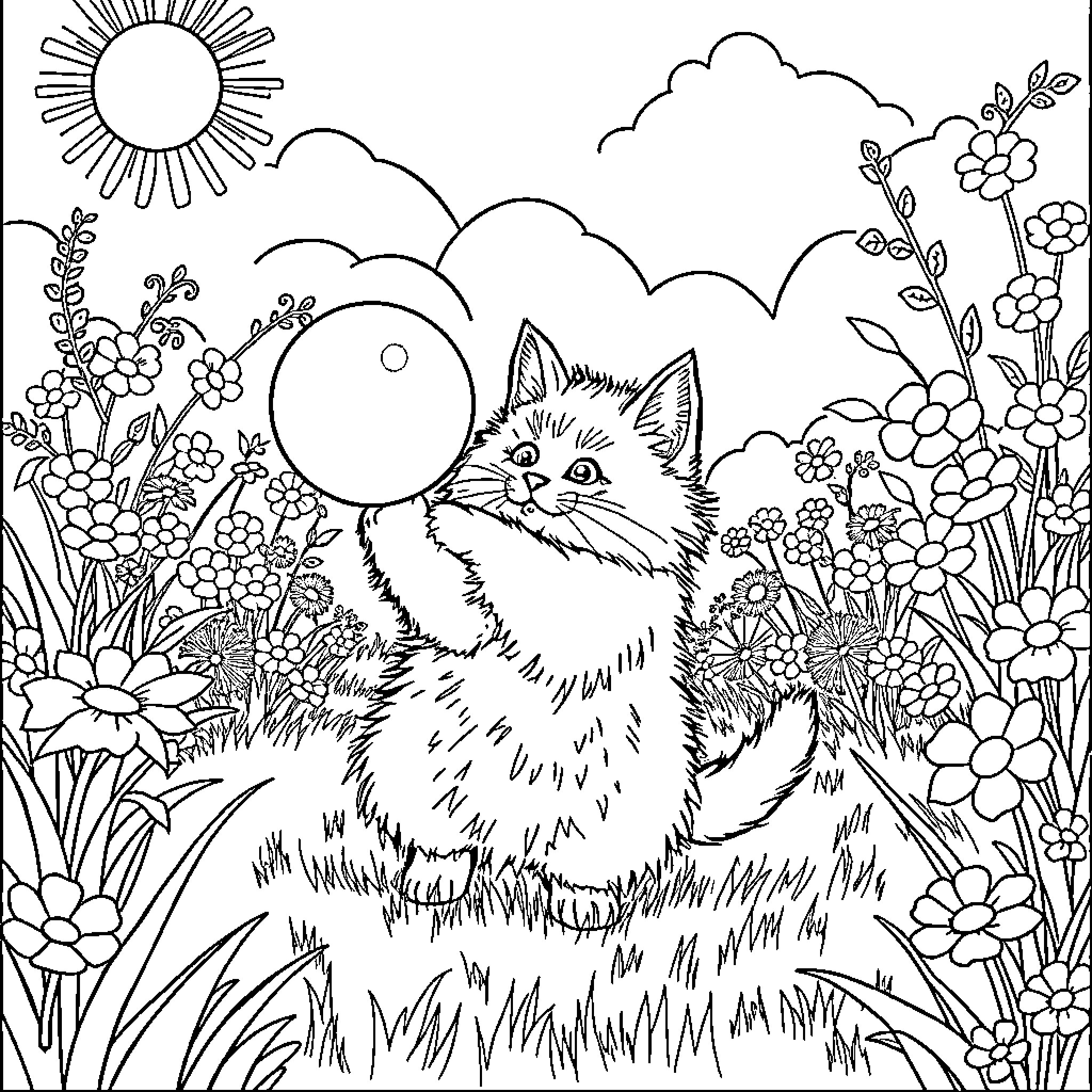 Cat relaxing in a floral garden Coloring Page (free black-and-white line drawing printable PDF for all, from beginners to advanced learners, including children, teens, adults, and seniors)