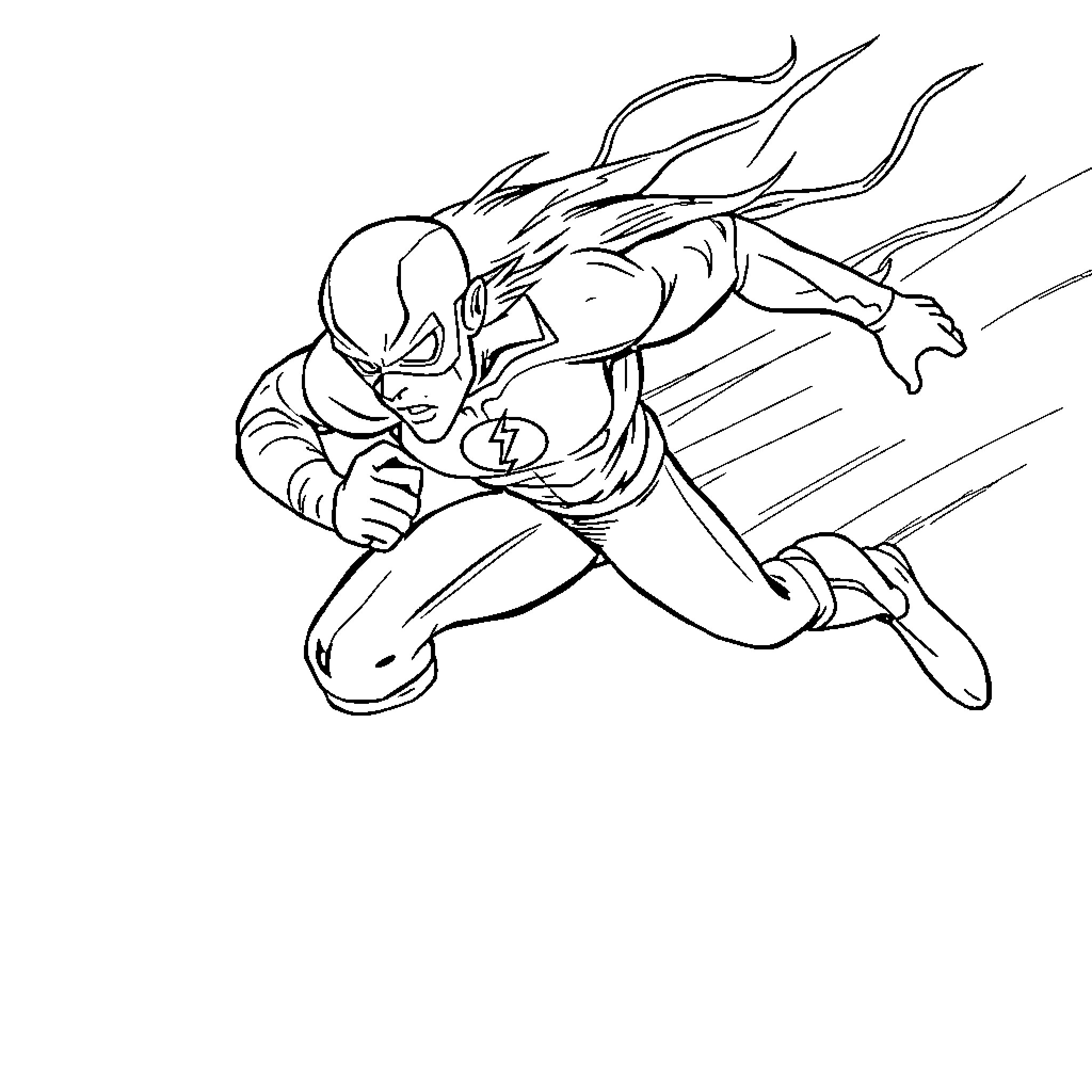 Flash Superhero in Action Pose Coloring Page (free black-and-white line drawing printable PDF for all, from beginners to advanced learners, including children, teens, adults, and seniors)