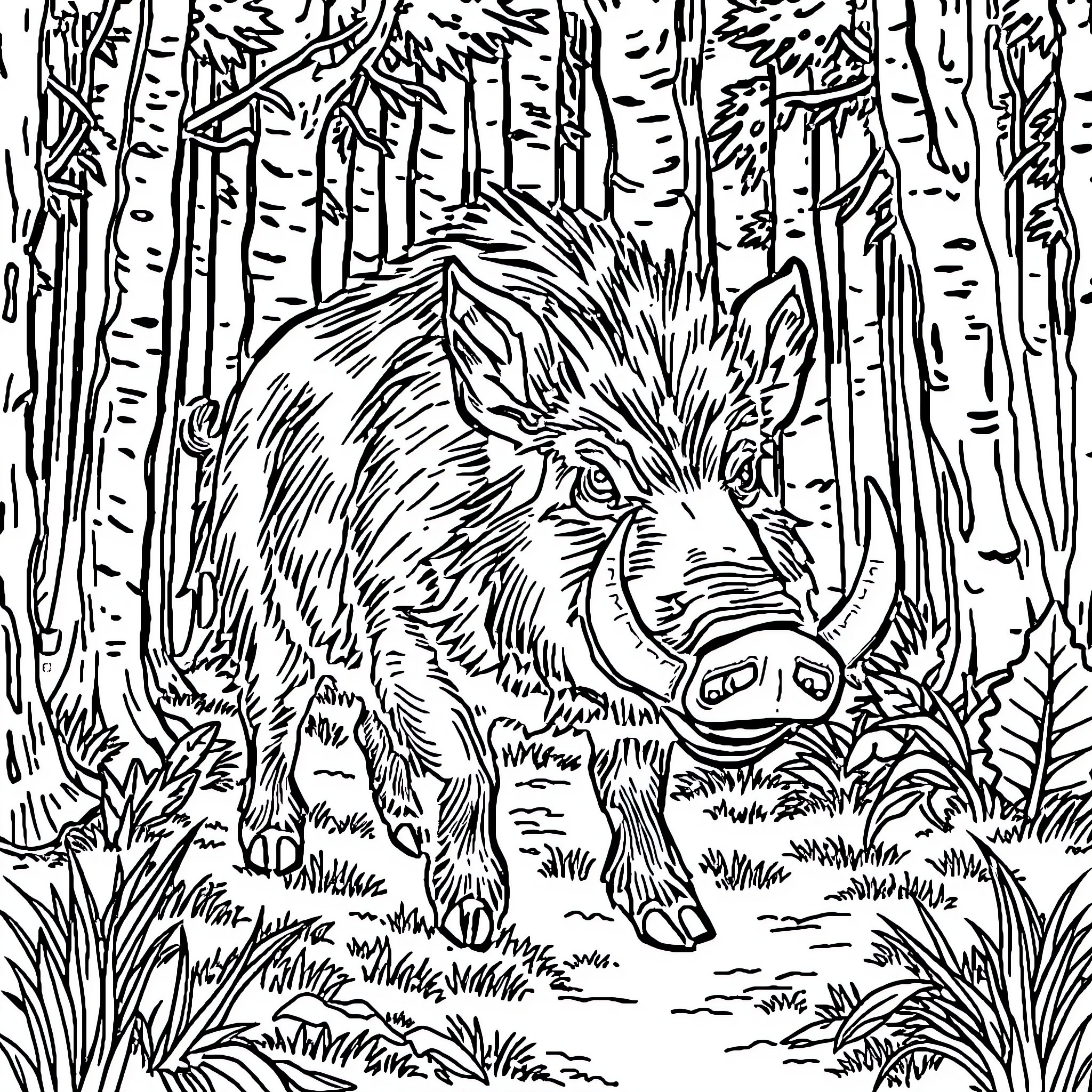 Wildboar roaming through the forest Coloring Page (free black-and-white line drawing printable PDF for all, from beginners to advanced learners, including children, teens, adults, and seniors)