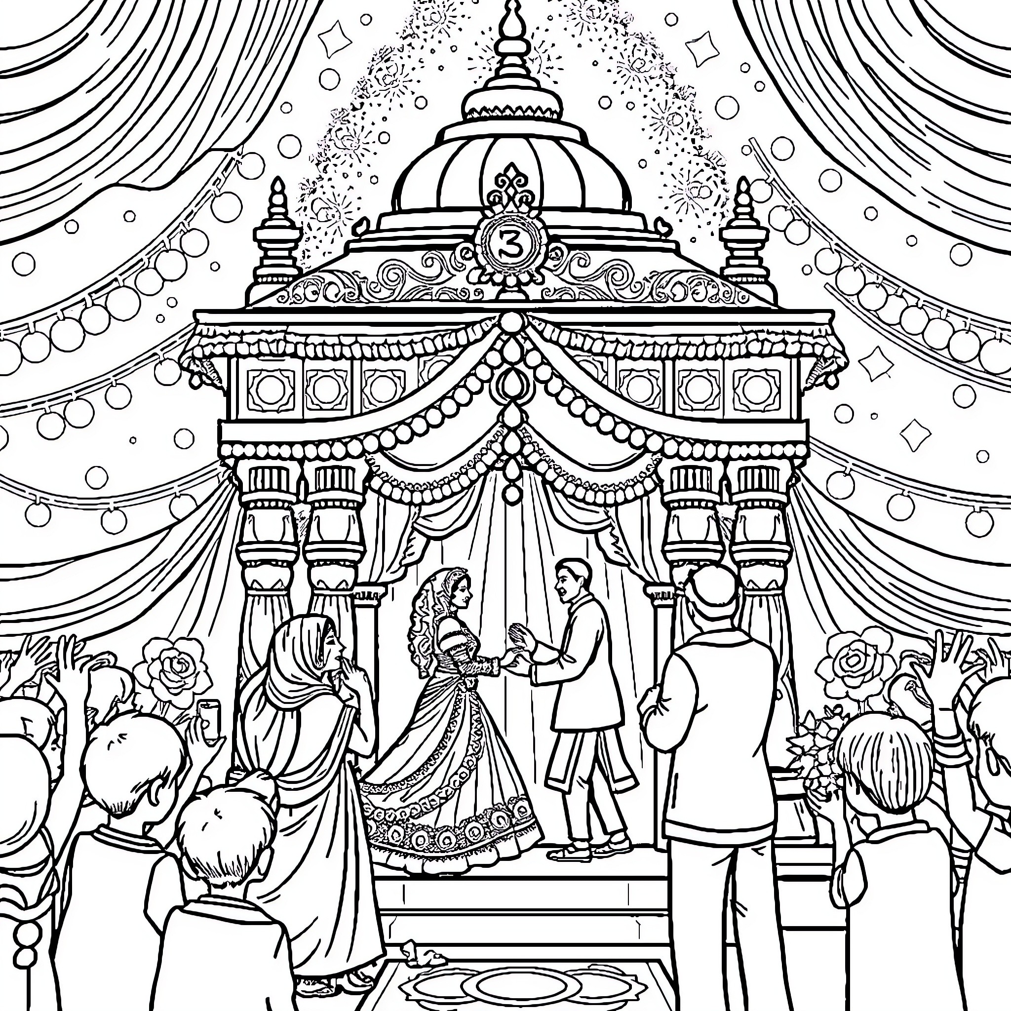Undanga: Ceremonial Gathering in an Ornate Pavilion Coloring Page (free black-and-white line drawing printable PDF for all, from beginners to advanced learners, including children, teens, adults, and seniors)