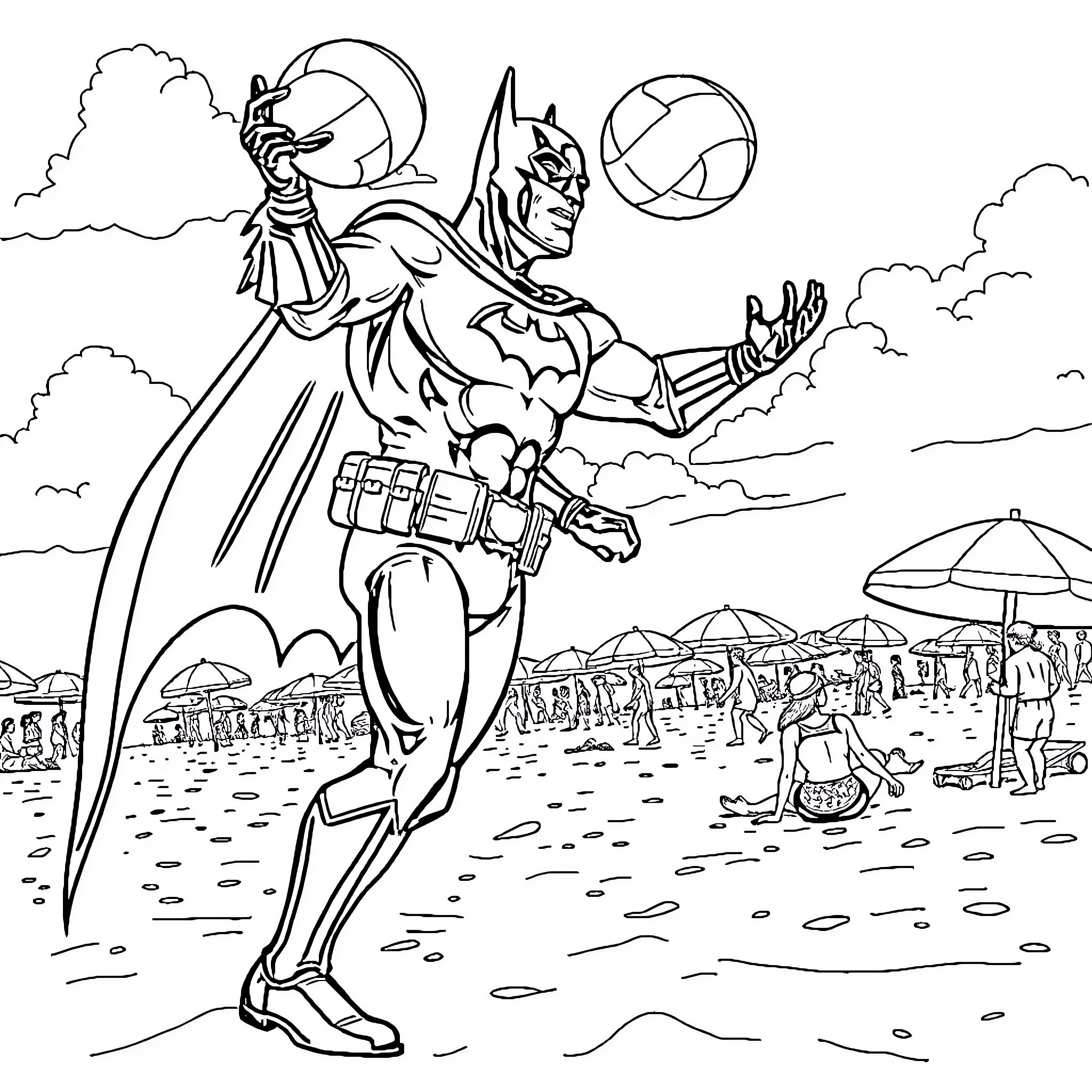 Batman soaring over a busy beach scene Coloring Page (free black-and-white line drawing printable PDF for all, from beginners to advanced learners, including children, teens, adults, and seniors)