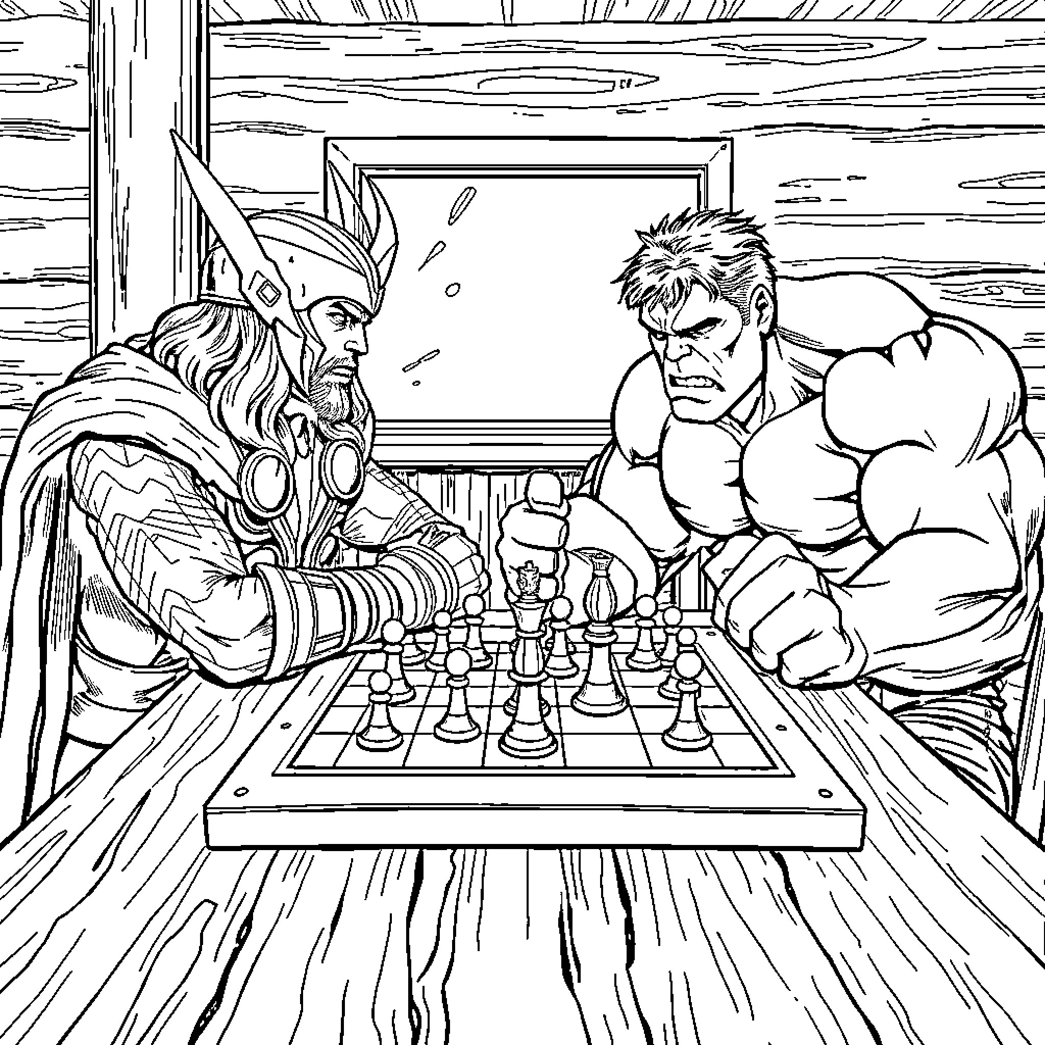 Thor and the Hulk playing chess in a rustic setting Coloring Page (free black-and-white line drawing printable PDF for all, from beginners to advanced learners, including children, teens, adults, and seniors)