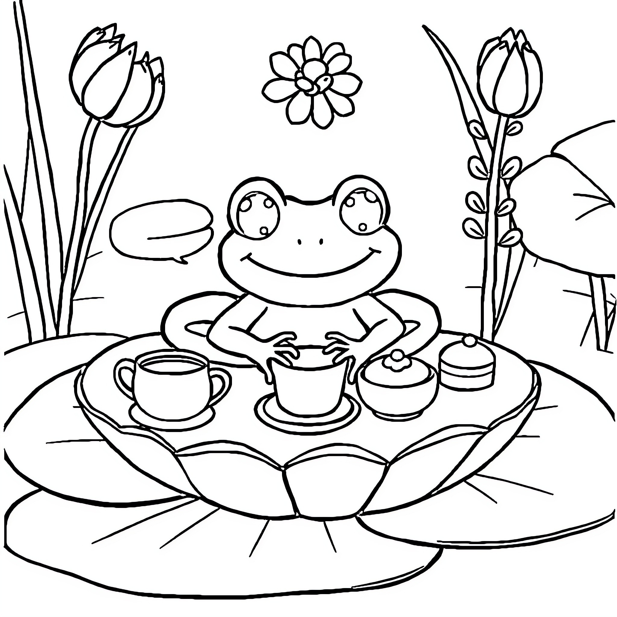 Frog enjoying tea time in the garden Coloring Page (free black-and-white line drawing printable PDF for all, from beginners to advanced learners, including children, teens, adults, and seniors)