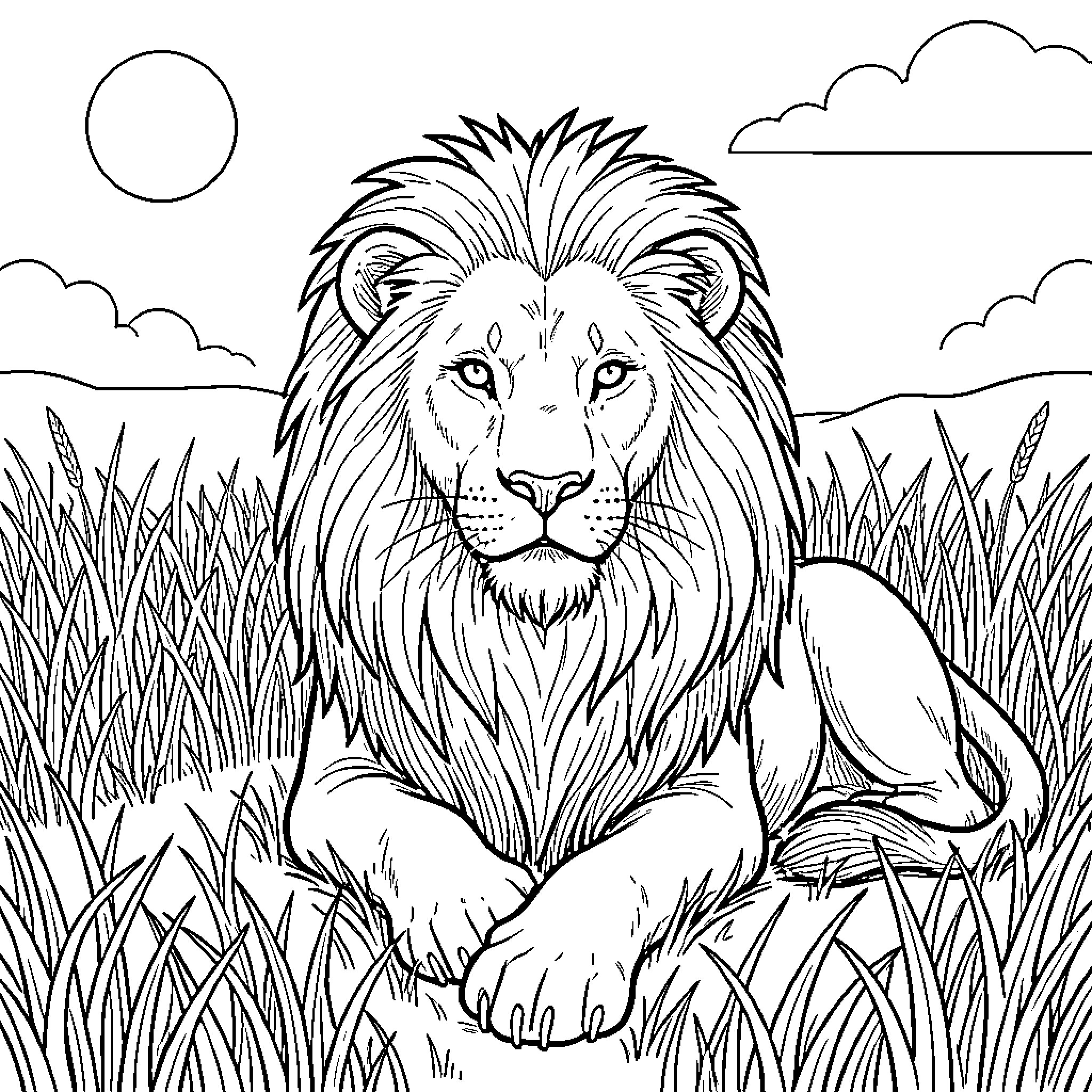 Lion resting in the tall grass Coloring Page (free black-and-white line drawing printable PDF for all, from beginners to advanced learners, including children, teens, adults, and seniors)