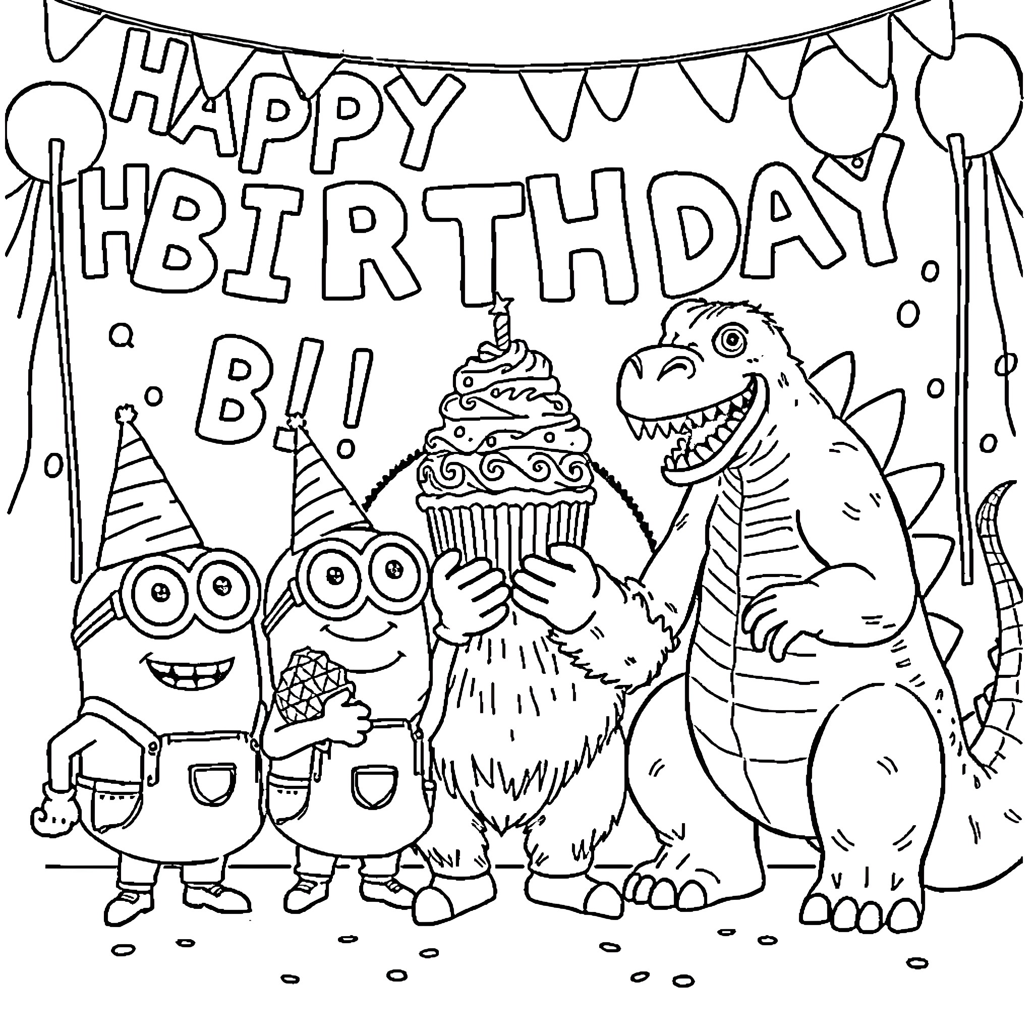 Minions and Dinosaur Celebrate Happy Birthday Coloring Page (free black-and-white line drawing printable PDF for all, from beginners to advanced learners, including children, teens, adults, and seniors)