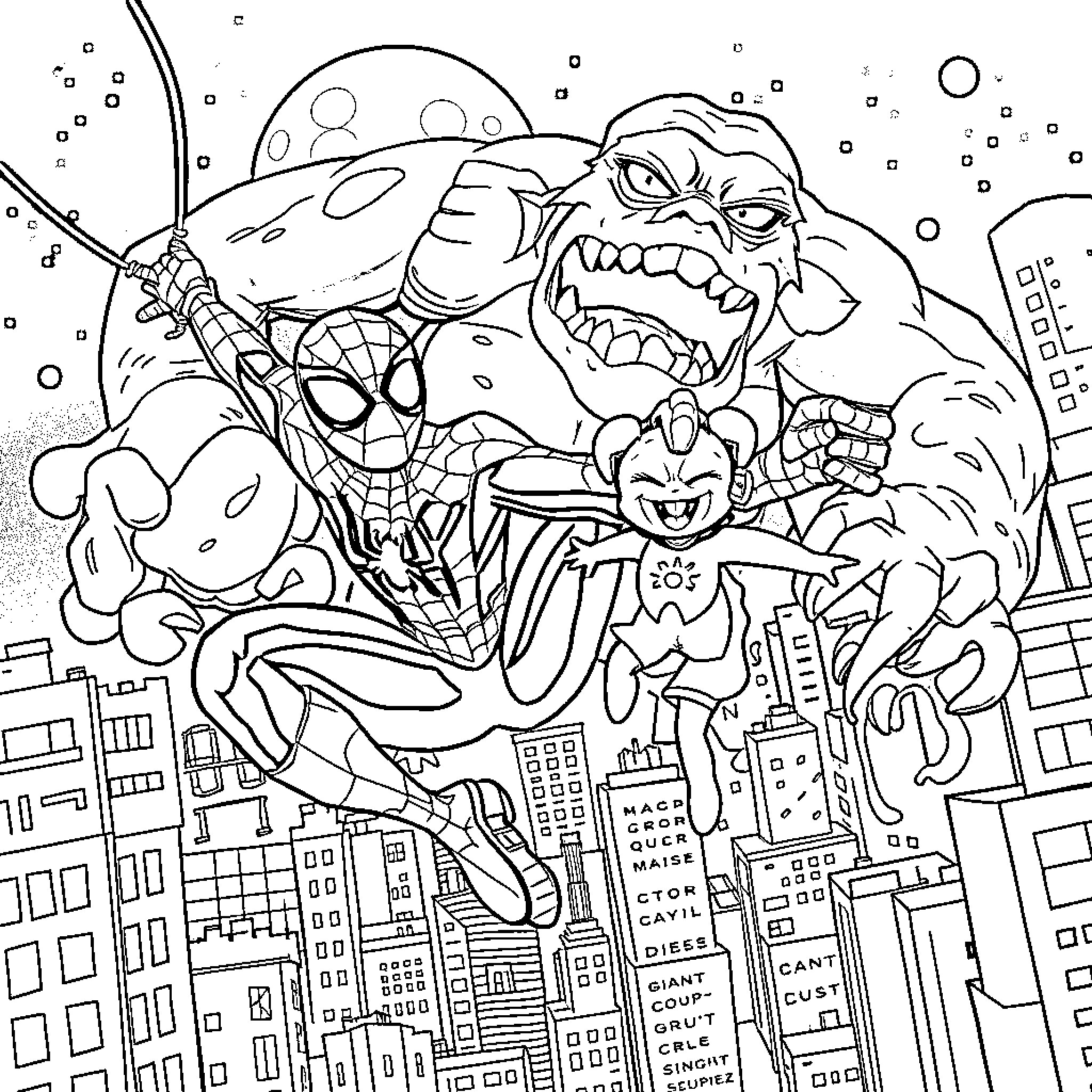 Spiderman battling supervillain in the city Coloring Page (free black-and-white line drawing printable PDF for all, from beginners to advanced learners, including children, teens, adults, and seniors)