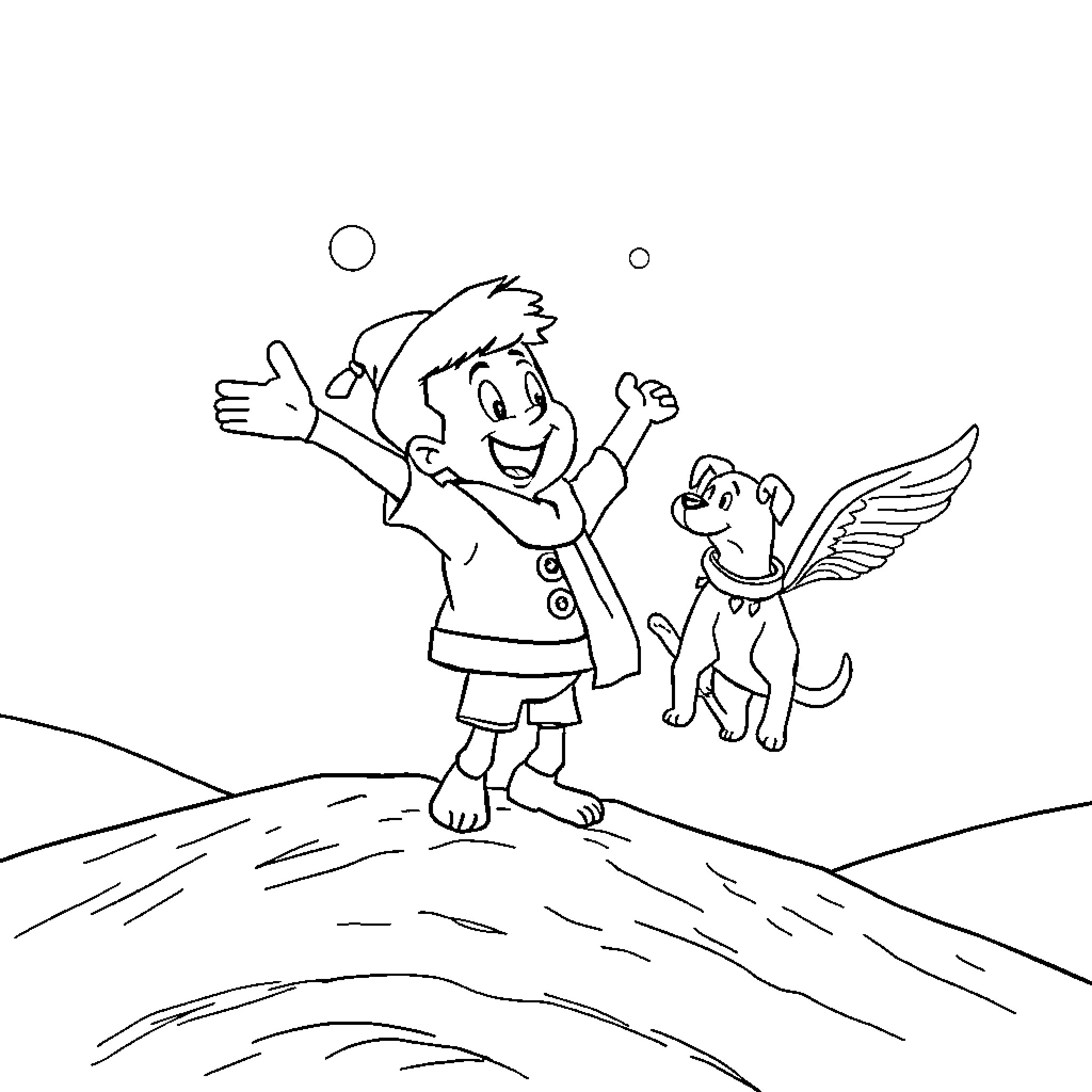 Jack enjoys playing with his winged friend Coloring Page (free black-and-white line drawing printable PDF for all, from beginners to advanced learners, including children, teens, adults, and seniors)