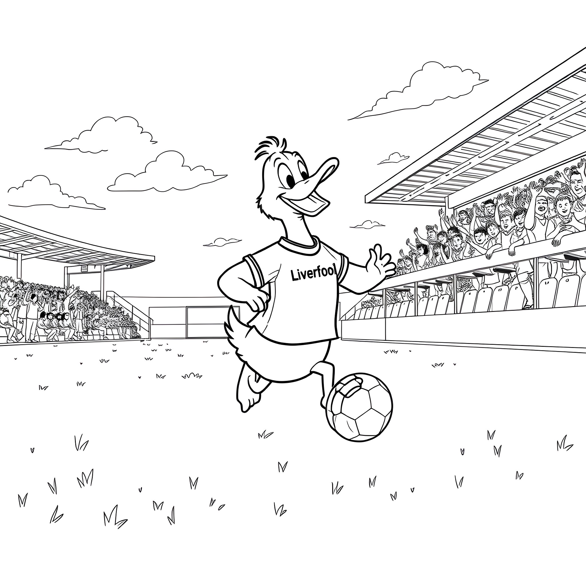 Duck playing soccer in the stadium Coloring Page (free black-and-white line drawing printable PDF for all, from beginners to advanced learners, including children, teens, adults, and seniors)