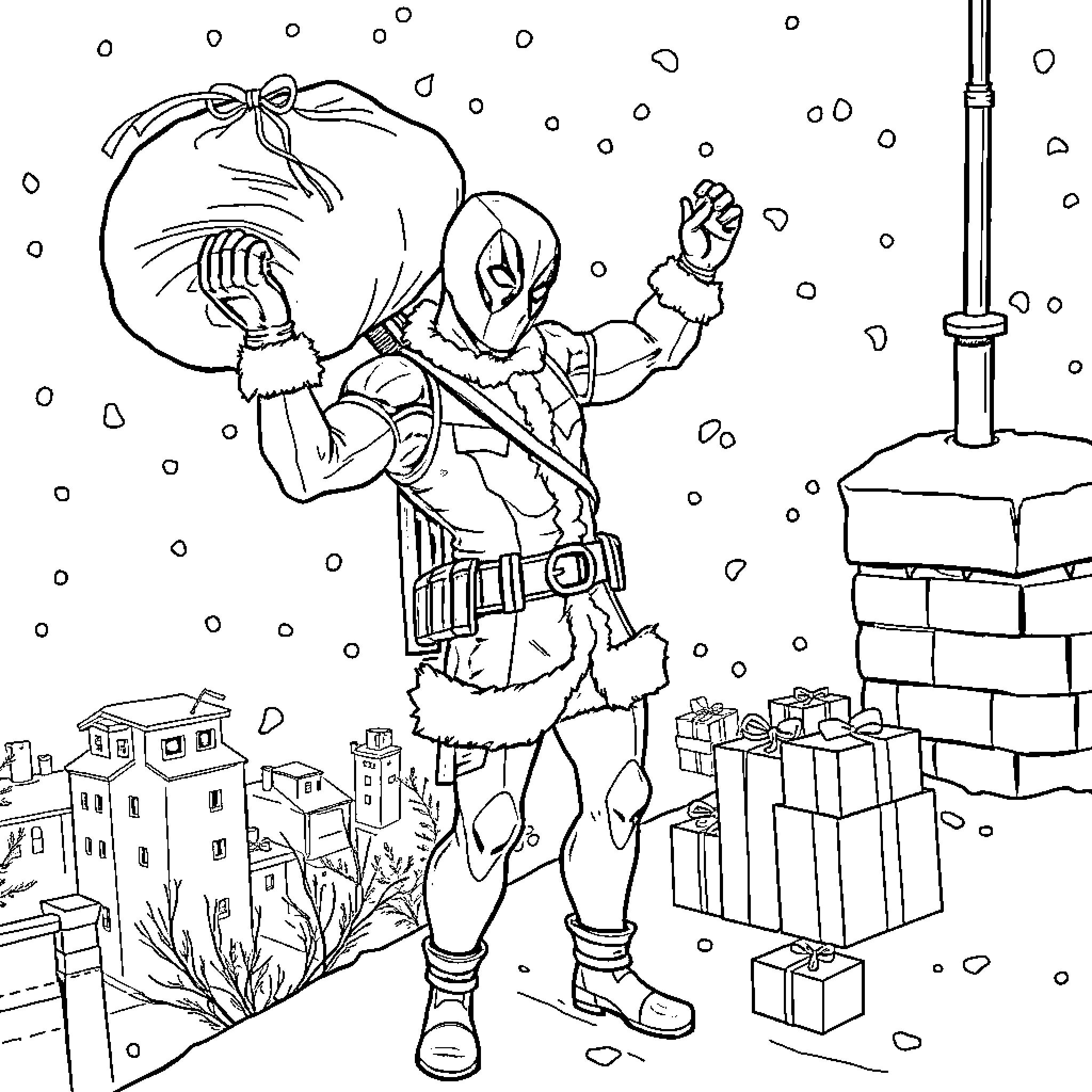 Deadpool in the snowy city landscape Coloring Page (free black-and-white line drawing printable PDF for all, from beginners to advanced learners, including children, teens, adults, and seniors)