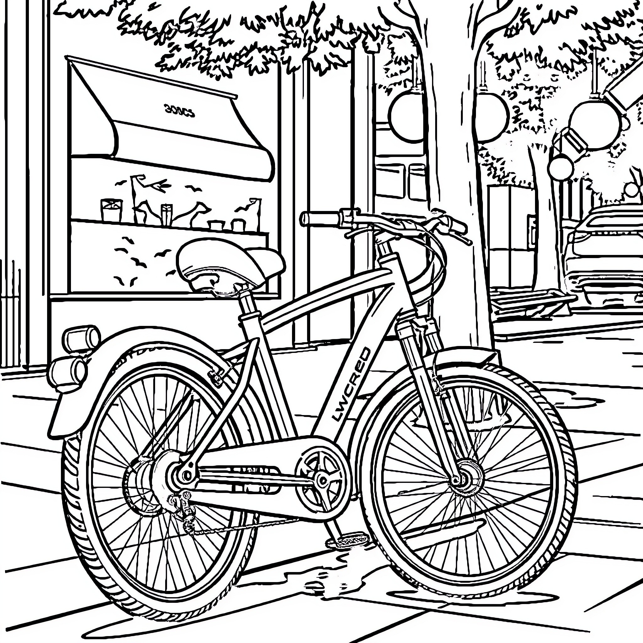 Bike parked by a storefront in a city Coloring Page (free black-and-white line drawing printable PDF for all, from beginners to advanced learners, including children, teens, adults, and seniors)