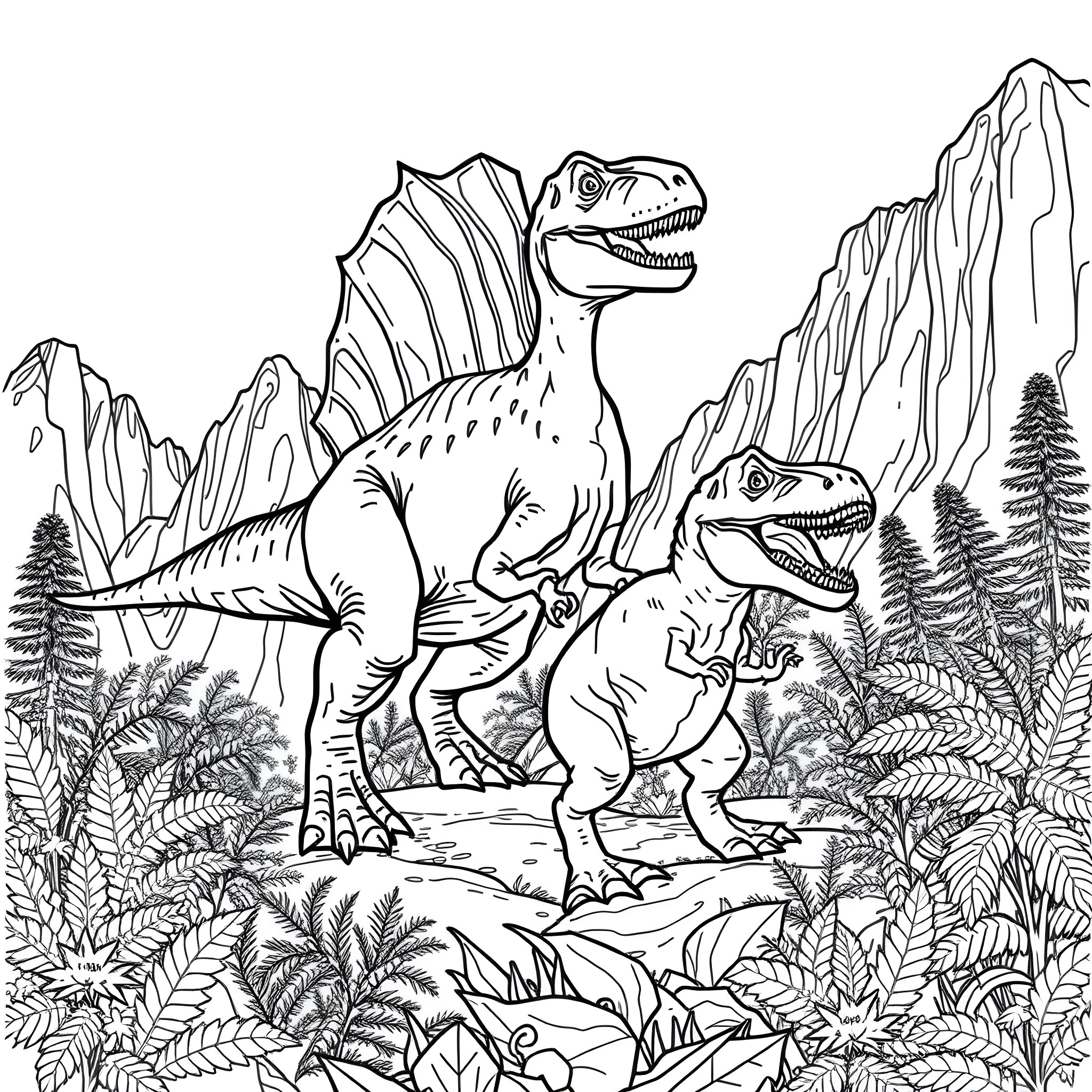 Spinosaurus exploring the prehistoric landscape Coloring Page (free black-and-white line drawing printable PDF for all, from beginners to advanced learners, including children, teens, adults, and seniors)
