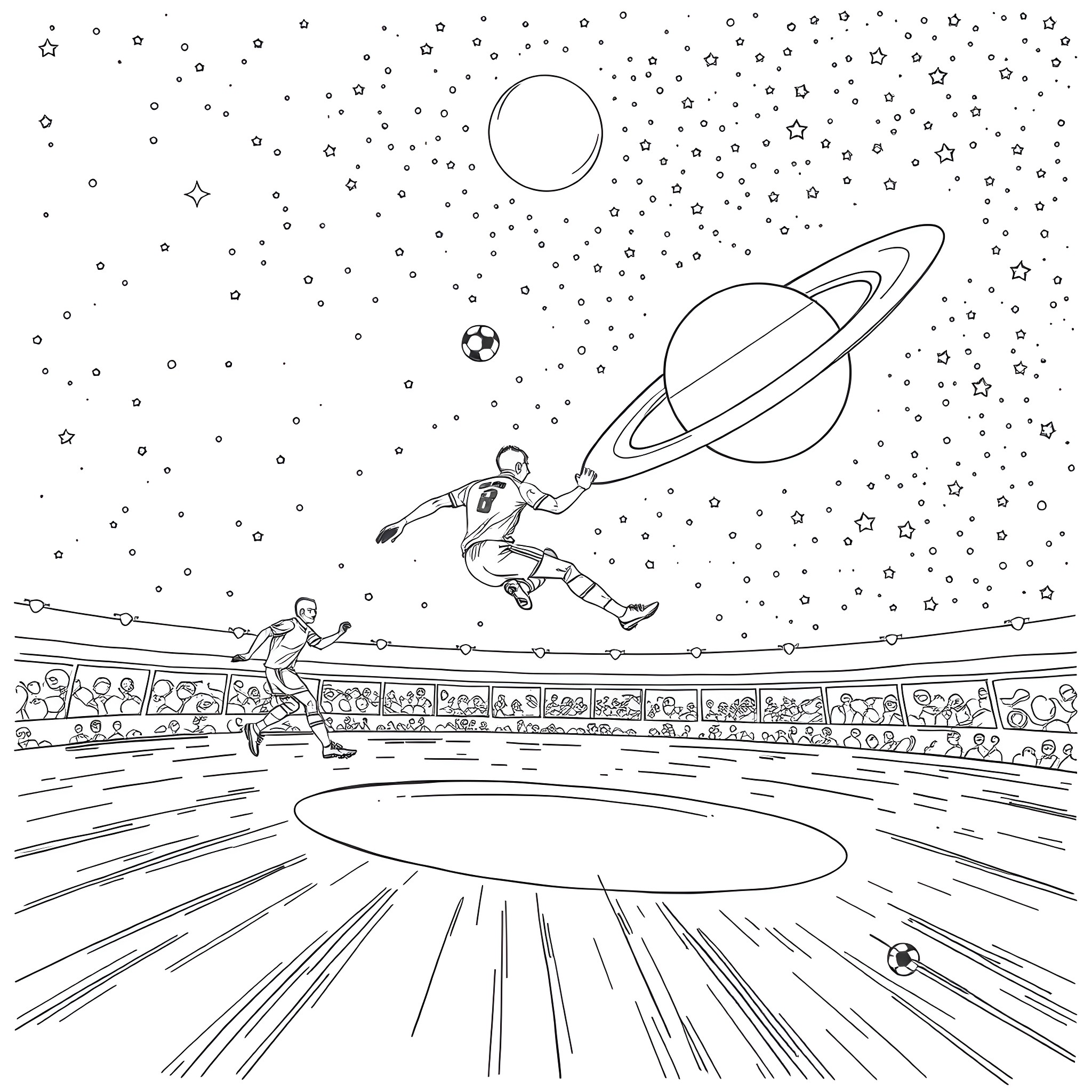 Soccer players dribbling through cosmic stadium Coloring Page (free black-and-white line drawing printable PDF for all, from beginners to advanced learners, including children, teens, adults, and seniors)