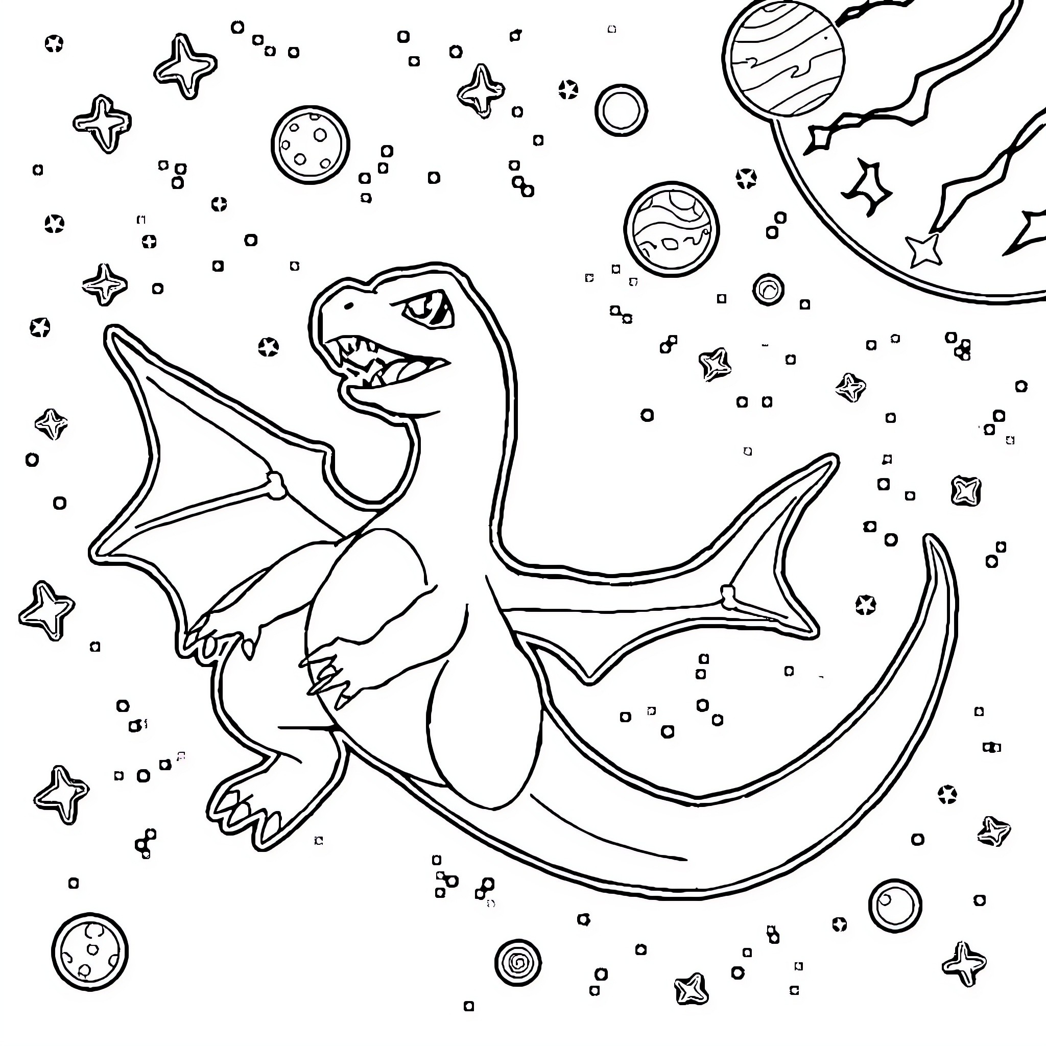 Charizard flying through the cosmic space Coloring Page (free black-and-white line drawing printable PDF for all, from beginners to advanced learners, including children, teens, adults, and seniors)