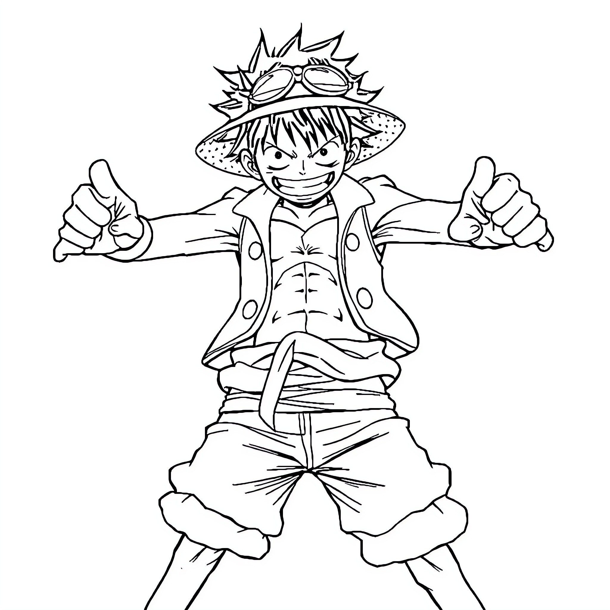Luffy's Adventurous Pose with Iconic Outfit Coloring Page (free black-and-white line drawing printable PDF for all, from beginners to advanced learners, including children, teens, adults, and seniors)